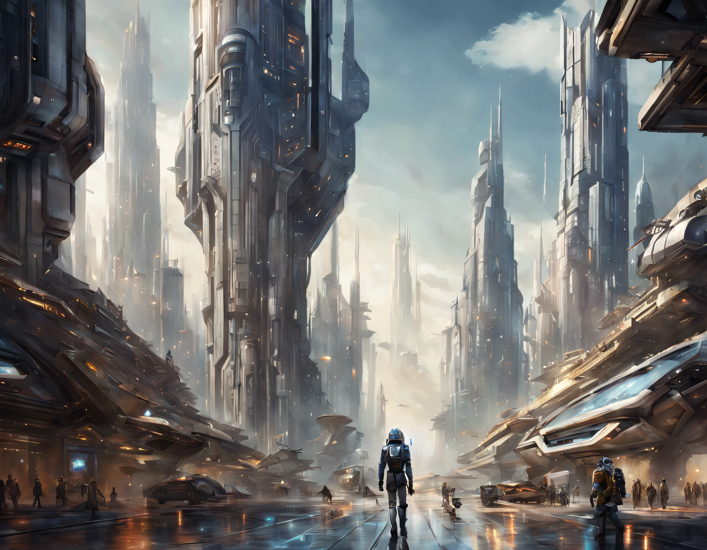 On an unknown planet there is a futuristic city with immense buildings of technological design que forman una infinita avenida, con estructuras acristaladas en plata, oro y bronce espectaculares en la que sobrevive un robot femenino espectacular. con colores vivos. pavimento ensolado. gente paseando. cierto aire a coruscant. imagen bien definida.