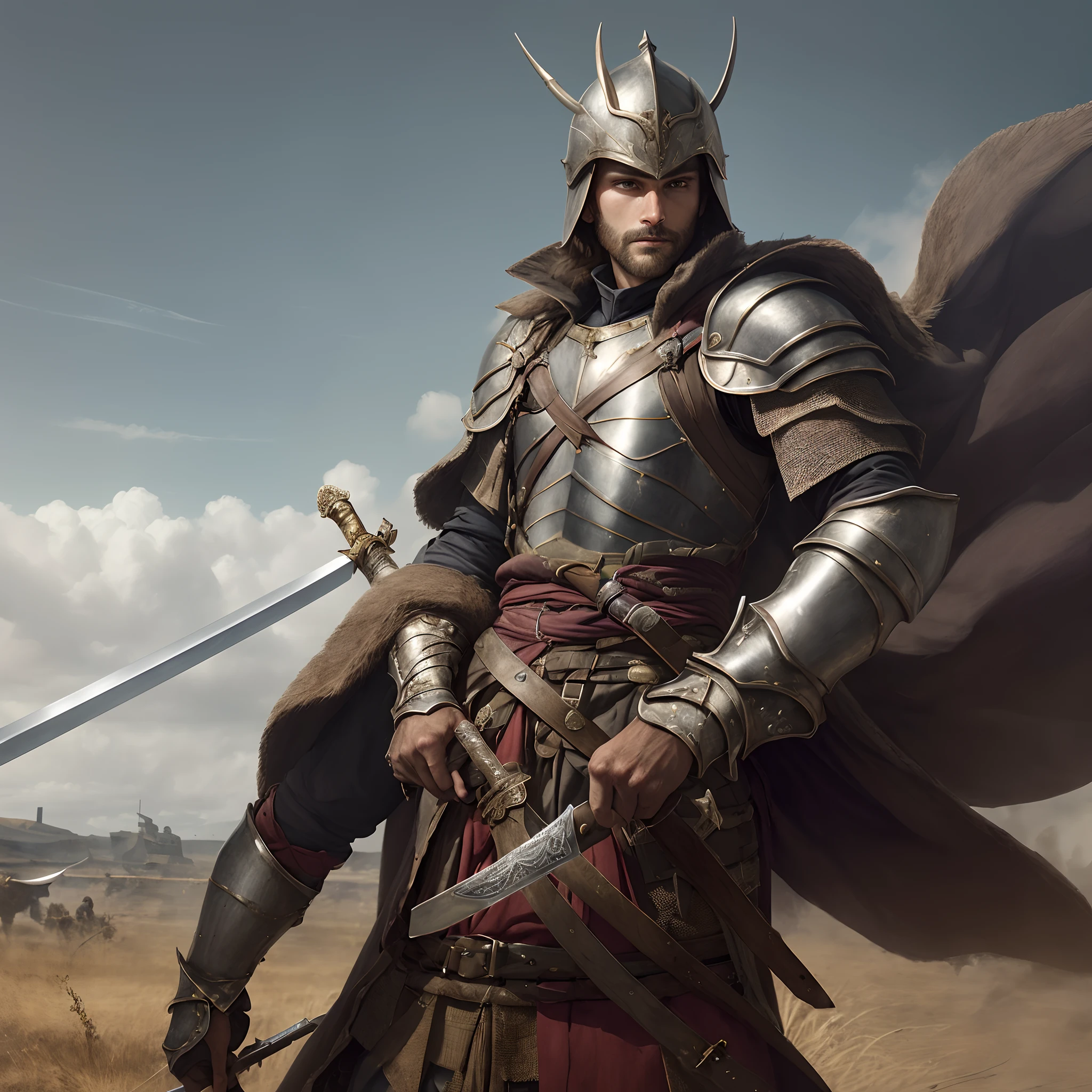 ancientry,man,Bunched hair,dressed in armor,Armed with a sword,at the battlefield,High degree of completion,Clear facial features,a sense of atmosphere,Contre-Jour,Delicate and gentle facial lines