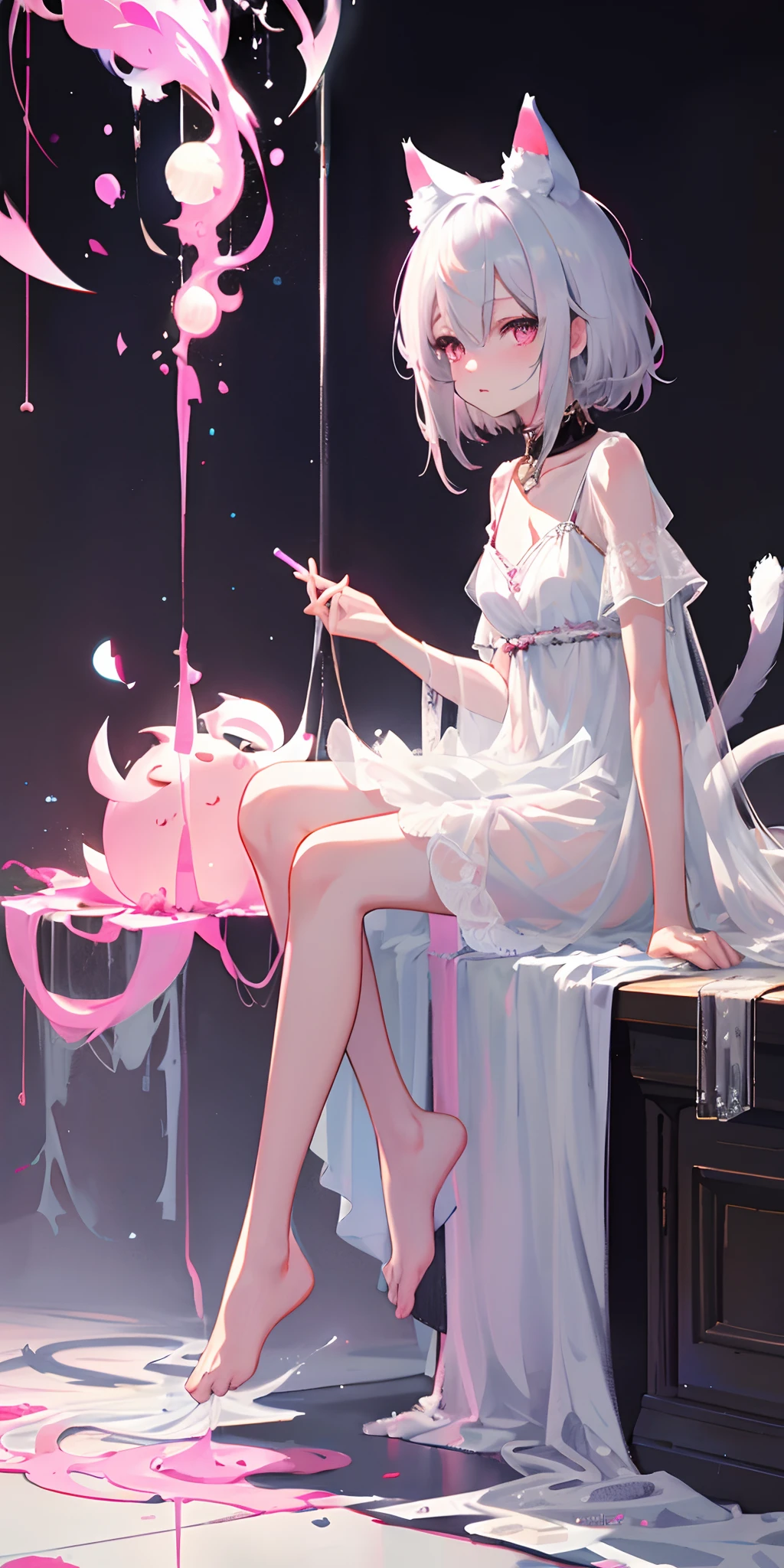 Best Quality, One Girl, Warm Lighting, Silver Hair on the Top of the Head and Pink at the Tips, Cute, Anime, Sheer White Skin, Asian Girl, Full Body, Sensual, Gentle Eyes, Cat Ears, Animation, Fantasy, Seductive, Shy Face, , Frightened, White Dress, Collar, Tail, Wizard, Fantastic, Portrait, See-Through
