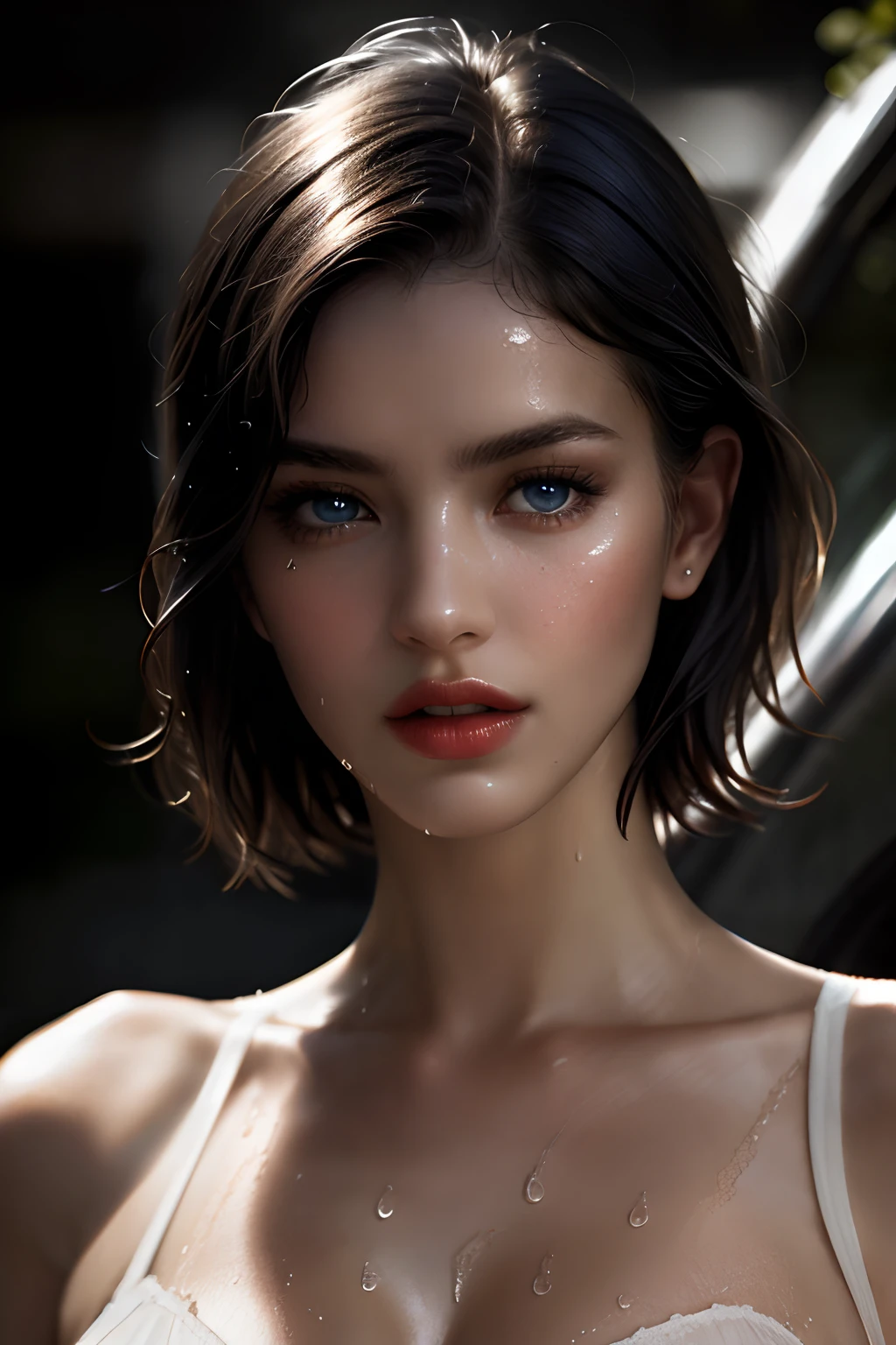 Photorealistic Caucasian Woman, detailed short messy black hair, mid shot, Detailed skin, detailed body, hourglass figure, solo, mxdress, blue eyes, Natural Skin Texture, skin detail, shiny skin, shiny glossy skin, WET skin, wet body, glossy skin, oily skin, Mediterranean tan, high contrast, realistic skin, skin pores, intricate detail, high contrast, realistic skin, skin pores, intricate detail, raw photo, mature female, glossy lips, luscious lips, pretty nose, lifelike rendering, immersive atmosphere, chiaroscuro, moody lighting, perfect female body, walking in the rain