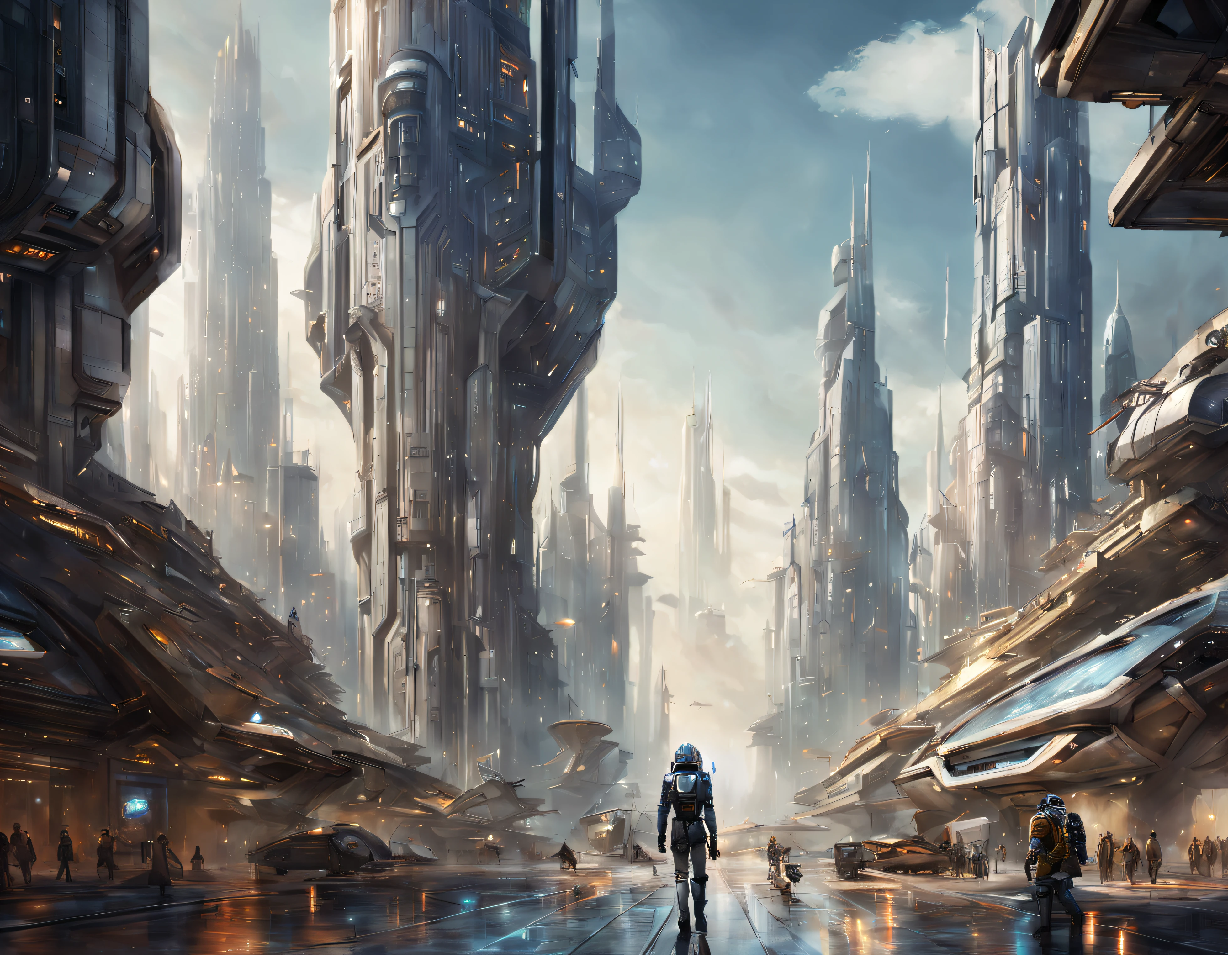 On an unknown planet there is a futuristic city with immense buildings of technological design que forman una infinita avenida, con estructuras acristaladas en plata, oro y bronce espectaculares en la que sobrevive un robot femenino espectacular. con colores vivos. pavimento ensolado. gente paseando. cierto aire a coruscant. imagen bien definida.