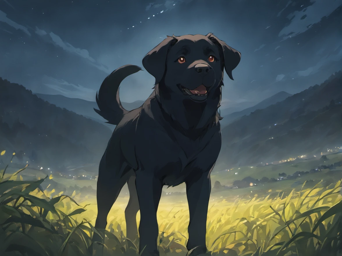 A big black dog，Pure black Labrador，The background is the countryside at night，