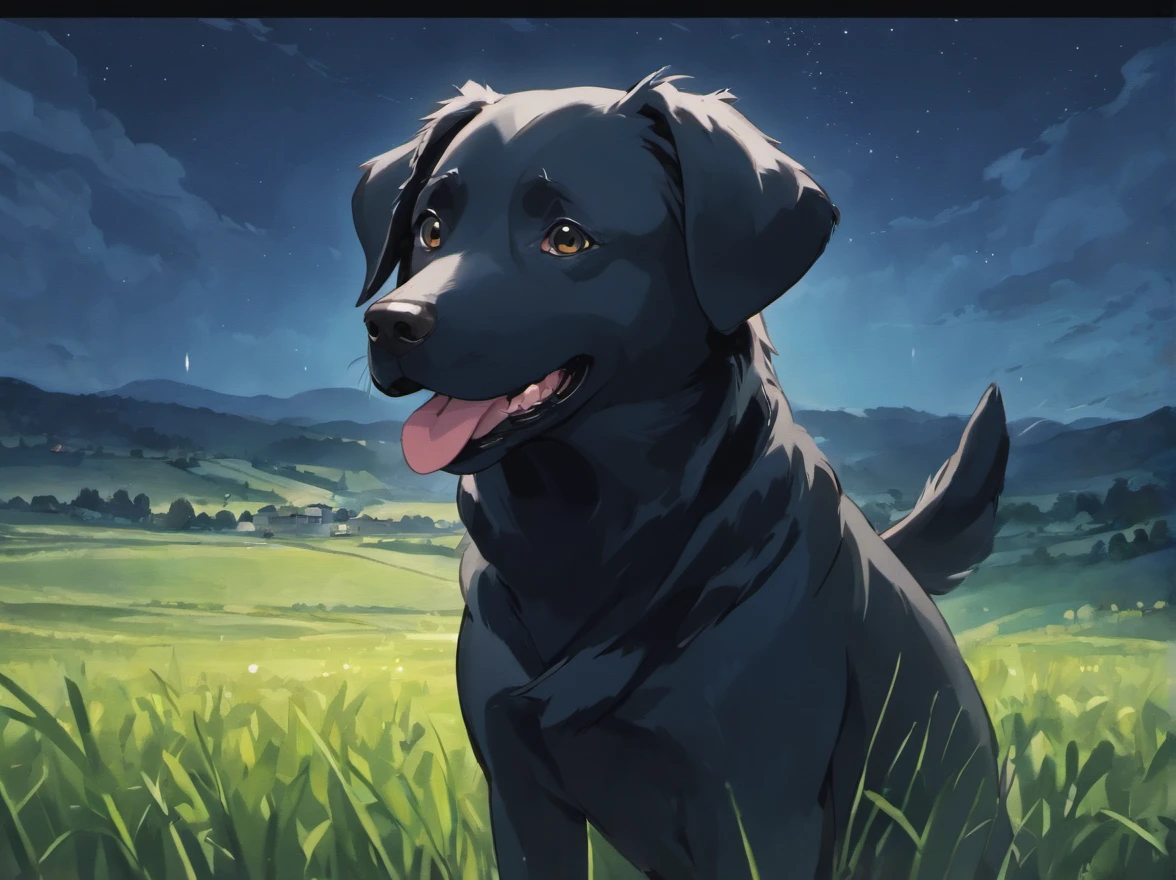 A big black dog，Pure black Labrador，The background is the countryside at night，