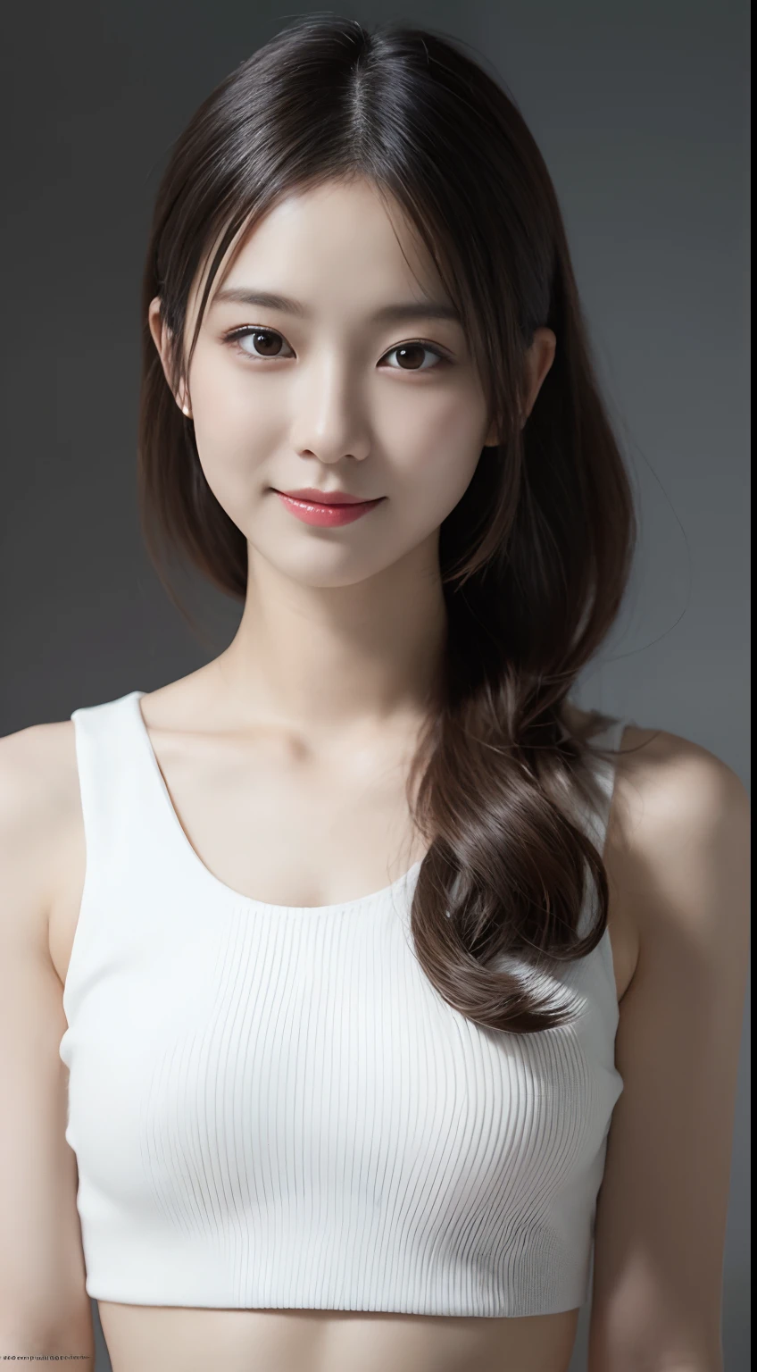 one-girl,Look in front of you, fine clavicle,long whitr hair,cropped shoulders, upper legs,underdressing,Harnes,Squeeze out the chest,low chest,exposing your navel,(8K, RAW photography, top-quality), (hentail realism, Photorealsitic: 1.37), one-girl, A smile、profesional lighting, physically-based renderingt, excellent quality photos,(clearface), (Detailed face description), realisticlying, extreme light and shadows,Pale color background