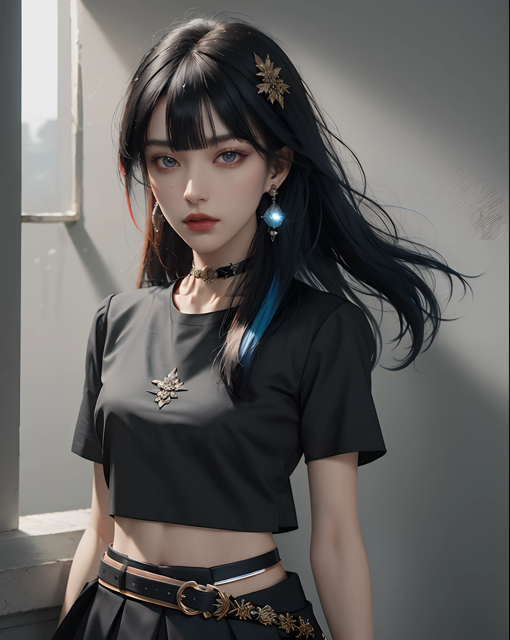 (masterpiece, best quality, 1girl, solo, intricate details, chromatic aberration), (realistic),(skin), ((breath)),(black hair,blunt bangs),detailed hair, red head ornament, blue highlights, hair over one eye,black eyes, small earrings, sharp eyes, choker,((black crop top )),(black skirt),(belt),open waist,(symmetry eyes),(perfect symmetrical body), night,(((natural light))),backlighting,against grey wall, dim lighting ,look at viewer,((centered shot, from front,(face and waist)))