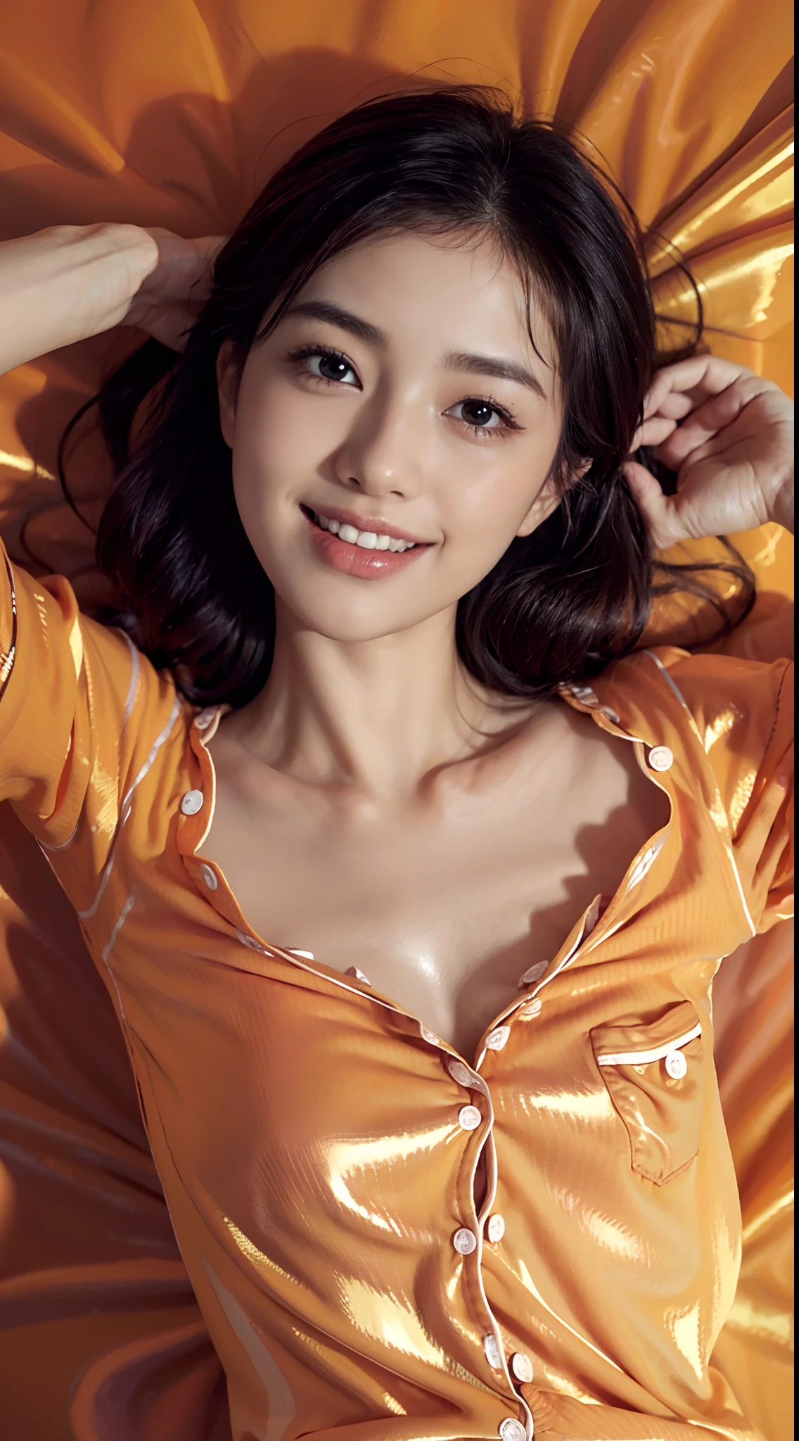 ((highest quality、masterpiece:1.3))、sharpen focus:1.2、(real、realistic:1.37)、perfect beautiful woman、Highly detailed face and skin texture、Fine eyes and double eyelids、small smile、short cut hair、bust becomes smaller、smile with visible teeth、small necklace、high heels、(((full body portrait)))、((( Orange shiny jacket showing ???????:1.4, underboob:1.2)))、(((Orange shiny mini skirt)))、(((Open your legs and you can see your ?????)))、(((No panties)))、not wearing pants、Inside the car、raise your legs、night view、full body portrait