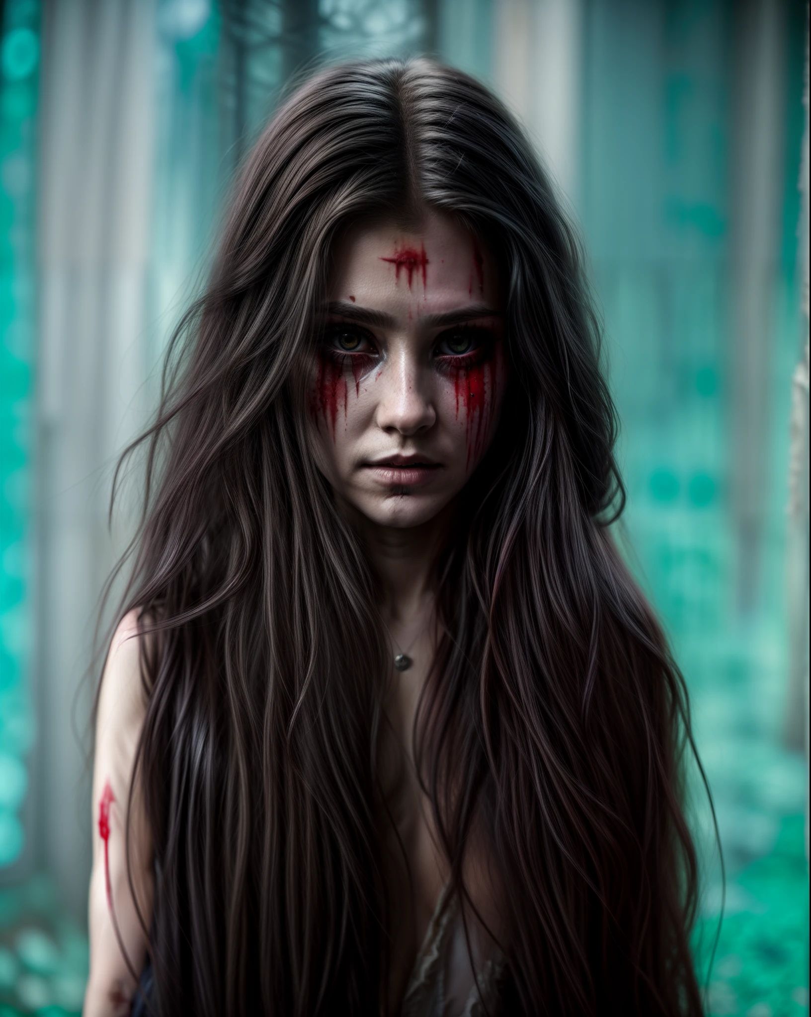 (Masterpiece), 8k, Ultra-high resolution, A female ghost, long rough hair, evil eyes, dark environment, scary, haunted, mist,scars on face, blood, old clothes,