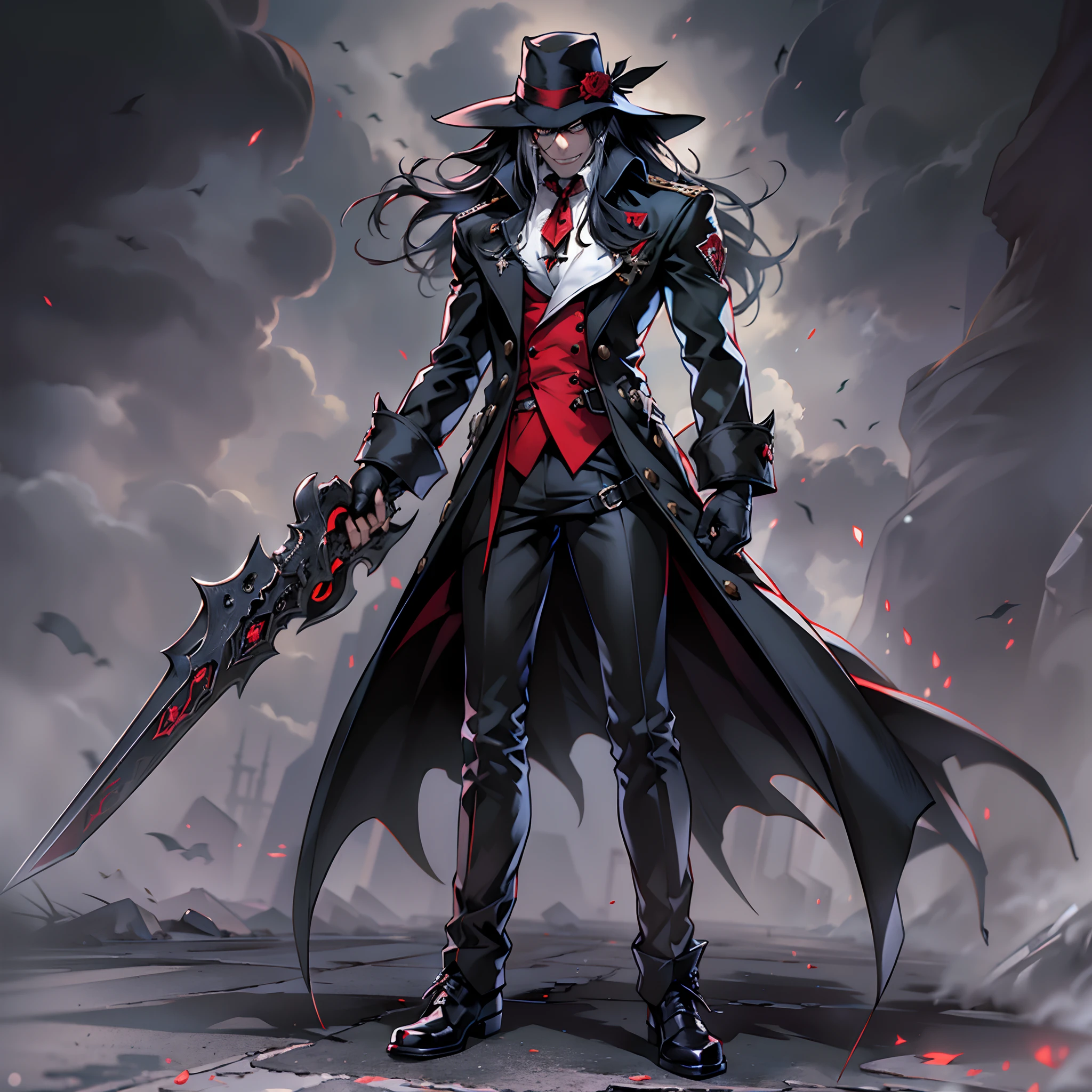Alucard, The Charismatic Vampire from the Anime Series "Hellsing", He is an iconic figure with an impressive and ominous presence,His face has a pale complexion, Almost cadaverous, que contrasta fuertemente con su cabello oscuro y desordenado,Her crimson eyes, penetrantes y llenos de maldad, resaltan en su rostro,He always has a sardonic countenance and a mocking smile that gives him an air of defiance,las gafas de Alucard son un distintivo importante tiene unas gafas de sol negras, Classic style, que lleva incluso en lugares oscuros,These glasses become a symbol of his defiant and enigmatic attitude,su vestimenta es igualmente impresionante,usa un traje elegante de estilo victoriano que consta de un abrigo largo y rojo oscuro con detalles en negro, destacando su figura imponente,Debajo del abrigo, lleva una camisa blanca y una corbata negra bien ajustada. Complementa su atuendo con guantes negros y botas altas de estilo militar,Alucard is always accompanied by his weapons, He has a pair of gloves with sharp metal tips that he uses for hand-to-hand fighting, in addition to carrying two powerful semi-automatic pistols called "Casull" y "chacal". These weapons are designed to take out your enemies with efficiency and style,su entorno suele ser oscuro y siniestro, representing their vampiric nature. Alucard se desenvuelve en lugares oscuros, Gloomy and full of mystery, como castillos abandonados o la noche en una ciudad,The atmosphere that surrounds it adds to its intimidating and sinister aura, Alucard es un vampiro que emana poder y misterio, con un estilo distintivo y armas letales, y se mueve en un entorno oscuro que refleja su naturaleza sobrenatural,