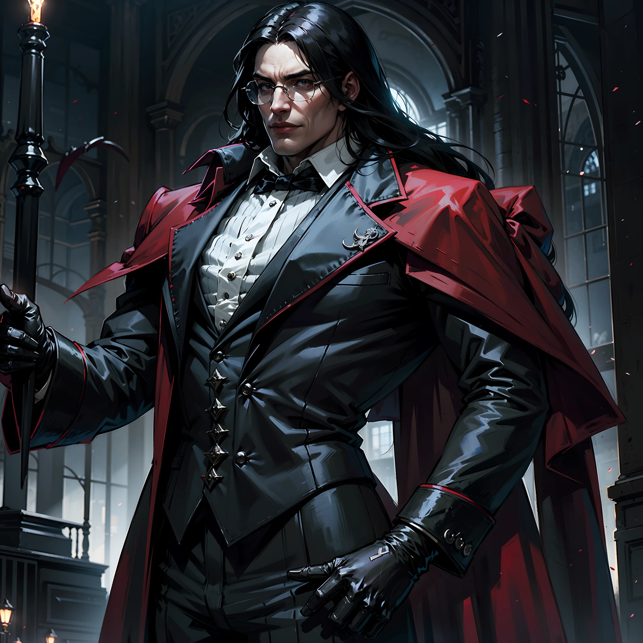 Alucard, The Charismatic Vampire from the Anime Series "Hellsing", He is an iconic figure with an impressive and ominous presence,His face has a pale complexion, Almost cadaverous, que contrasta fuertemente con su cabello oscuro y desordenado,Her crimson eyes, penetrantes y llenos de maldad, resaltan en su rostro,He always has a sardonic countenance and a mocking smile that gives him an air of defiance,las gafas de Alucard son un distintivo importante tiene unas gafas de sol negras, Classic style, que lleva incluso en lugares oscuros,These glasses become a symbol of his defiant and enigmatic attitude,su vestimenta es igualmente impresionante,usa un traje elegante de estilo victoriano que consta de un abrigo largo y rojo oscuro con detalles en negro, destacando su figura imponente,Debajo del abrigo, lleva una camisa blanca y una corbata negra bien ajustada. Complementa su atuendo con guantes negros y botas altas de estilo militar,Alucard is always accompanied by his weapons, He has a pair of gloves with sharp metal tips that he uses for hand-to-hand fighting, in addition to carrying two powerful semi-automatic pistols called "Casull" y "chacal". These weapons are designed to take out your enemies with efficiency and style,su entorno suele ser oscuro y siniestro, representing their vampiric nature. Alucard se desenvuelve en lugares oscuros, Gloomy and full of mystery, como castillos abandonados o la noche en una ciudad,The atmosphere that surrounds it adds to its intimidating and sinister aura, Alucard es un vampiro que emana poder y misterio, con un estilo distintivo y armas letales, y se mueve en un entorno oscuro que refleja su naturaleza sobrenatural,