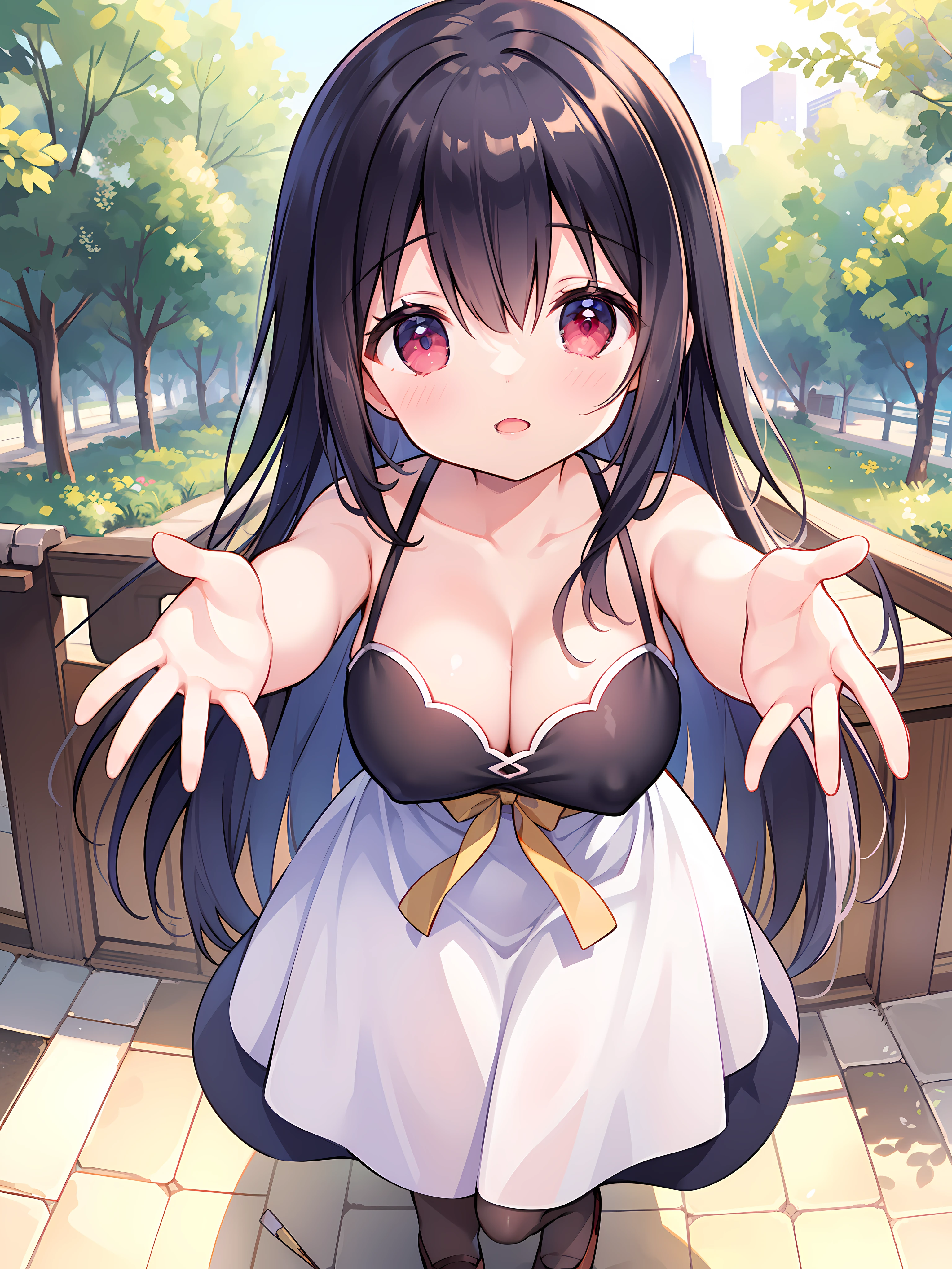 ulzzang-6500-v1.1, (raw photo: 1.2), (photorealistic: 1.4)) best quality, beautiful, beautiful, beautiful, extremely detailed, CG, unity,8k amazing wallpaper, beautiful detail, masterpiece, best quality, official art, very detailed CG unity 8k wallpaper, ridiculous, unbelievably ridiculous, huge file size, super detailed, high resolution, very detailed, beautiful detailed girl, very detailed eyes and face, beautiful detailed eyes, movie lighting, 1 girl, perspective, red ruby eyes, detailed eyes, detailed pupils, beautiful eyes, black hair, detailed hair, shiny black hair, hari contour, looking at the audience, full body, full body photo, outdoors, hands behind your back, (Hanfu), (open arms for viewer, want to hug viewer, sweet and gentle:1.2), (sexy, shoulderless, collarbone, cleavage, fair light skin)