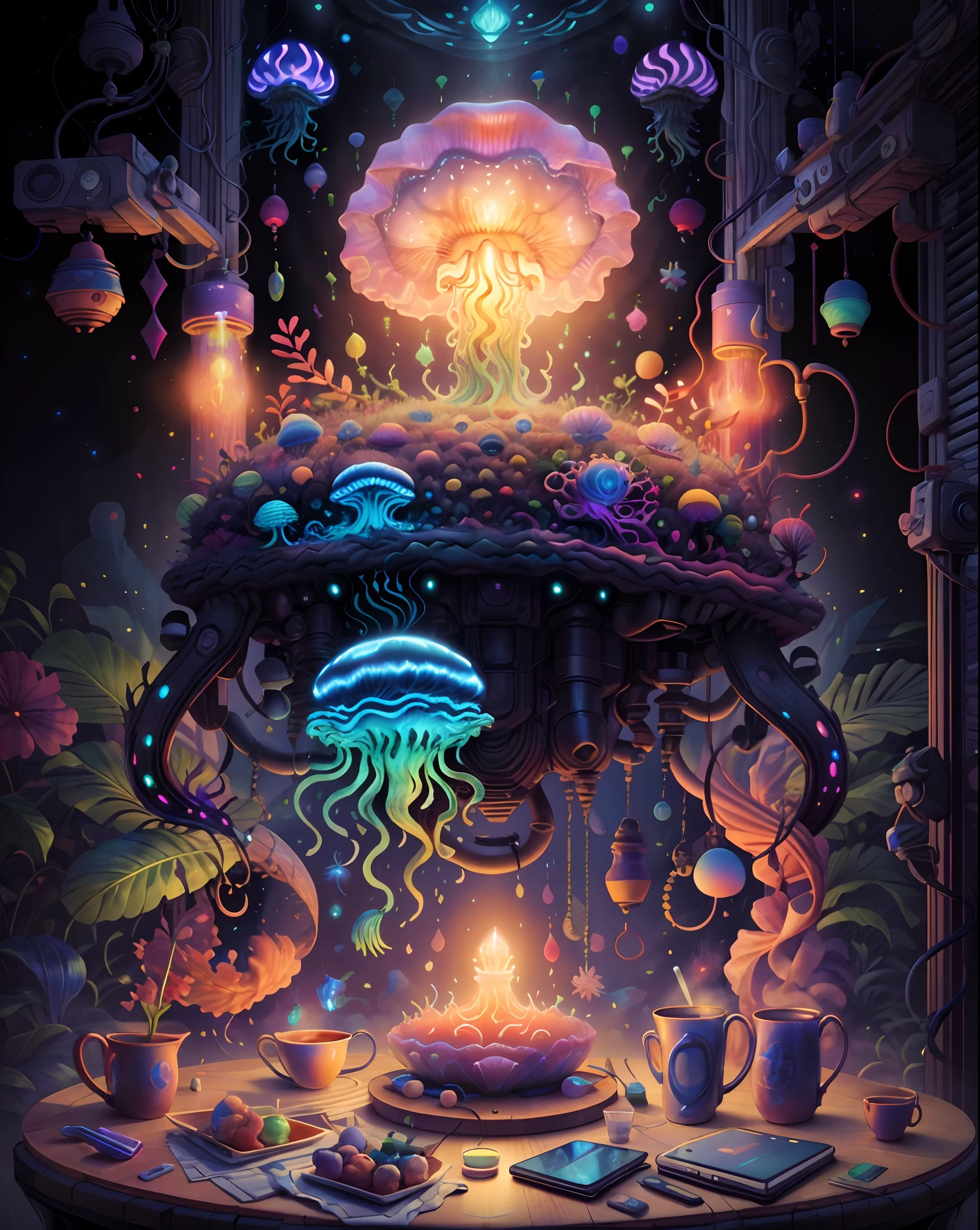 masterpiece, best quality, Imagine a future where people raise cyber-enhanced glow-in-the-dark jellyfish in their homes as mesmerizing, living light sources night,