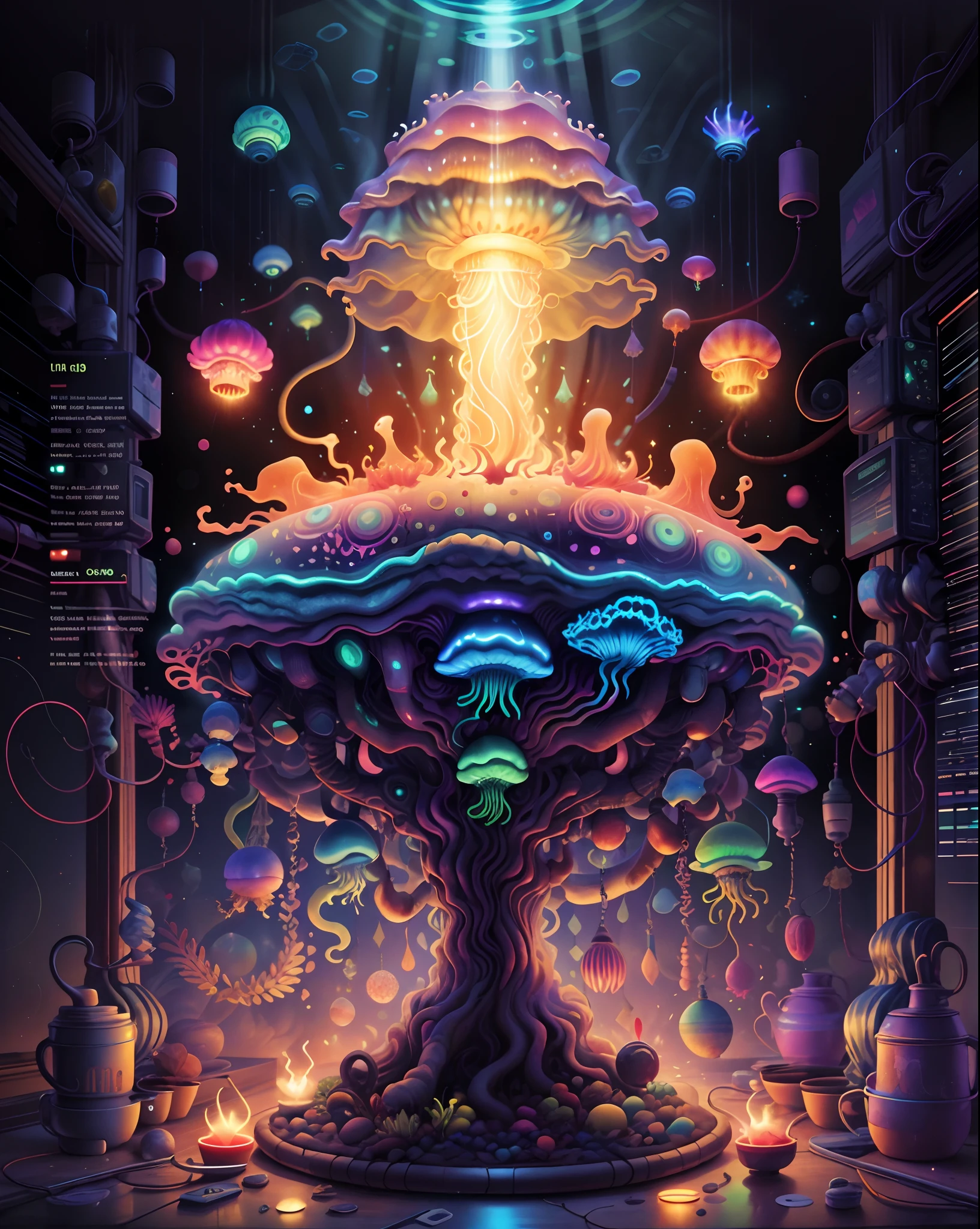 masterpiece, best quality, Imagine a future where people raise cyber-enhanced glow-in-the-dark jellyfish in their homes as mesmerizing, living light sources night,