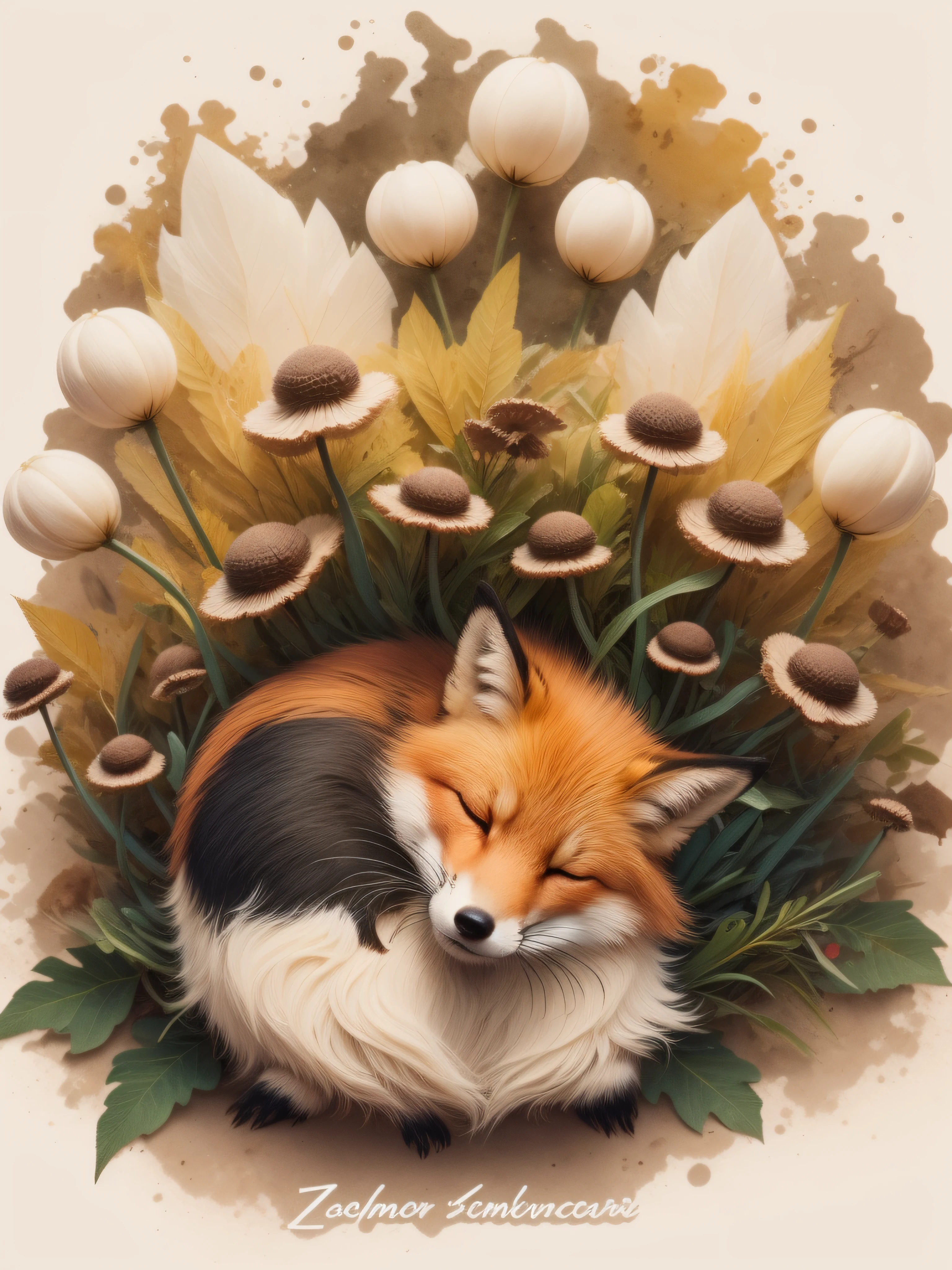 There's a fox sleeping on a pile of leaves and mushrooms, Zorro caprichoso, ethereal fox, por Jeka Kemp, Beautiful autumn spirit, autumn, Illustration of fox ears, por Andrée Ruellan, Zorros, Lindo zorro, por Caroline Chariot-Dayez, Animal Zorro, Teniente Zofia Stryjenska, El encantador zorro peludo, Una hermosa dama zorro, Inspirado en Nicoletta Ceccoli