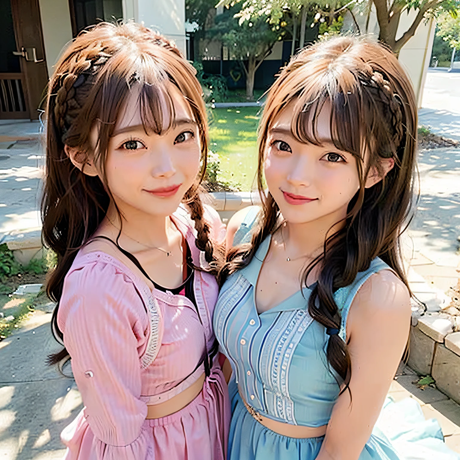 Braided twin-tailed hairstyles, great laughter、2 girls in、