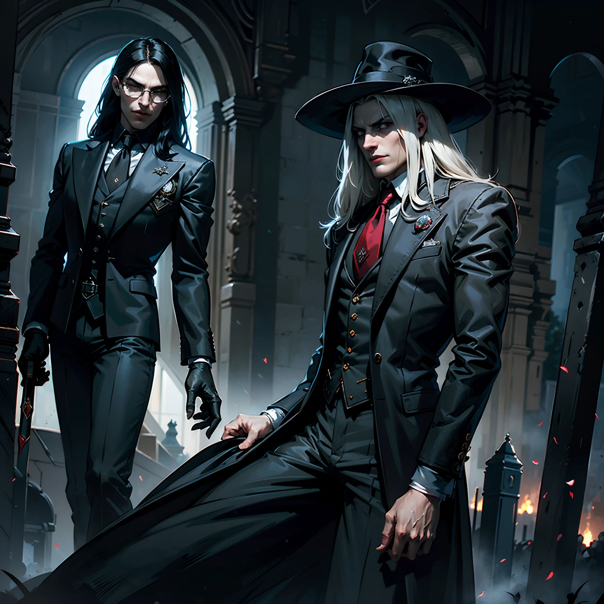 Alucard, The Charismatic Vampire from the Anime Series "Hellsing", He is an iconic figure with an impressive and ominous presence,His face has a pale complexion, Almost cadaverous, que contrasta fuertemente con su cabello oscuro y desordenado,Her crimson eyes, penetrantes y llenos de maldad, resaltan en su rostro,He always has a sardonic countenance and a mocking smile that gives him an air of defiance,las gafas de Alucard son un distintivo importante tiene unas gafas de sol negras, Classic style, que lleva incluso en lugares oscuros,These glasses become a symbol of his defiant and enigmatic attitude,su vestimenta es igualmente impresionante,usa un traje elegante de estilo victoriano que consta de un abrigo largo y rojo oscuro con detalles en negro, destacando su figura imponente,Debajo del abrigo, lleva una camisa blanca y una corbata negra bien ajustada. Complementa su atuendo con guantes negros y botas altas de estilo militar,Alucard is always accompanied by his weapons, He has a pair of gloves with sharp metal tips that he uses for hand-to-hand fighting, in addition to carrying two powerful semi-automatic pistols called "Casull" y "chacal". These weapons are designed to take out your enemies with efficiency and style,su entorno suele ser oscuro y siniestro, representing their vampiric nature. Alucard se desenvuelve en lugares oscuros, Gloomy and full of mystery, como castillos abandonados o la noche en una ciudad,The atmosphere that surrounds it adds to its intimidating and sinister aura, Alucard es un vampiro que emana poder y misterio, con un estilo distintivo y armas letales, y se mueve en un entorno oscuro que refleja su naturaleza sobrenatural,