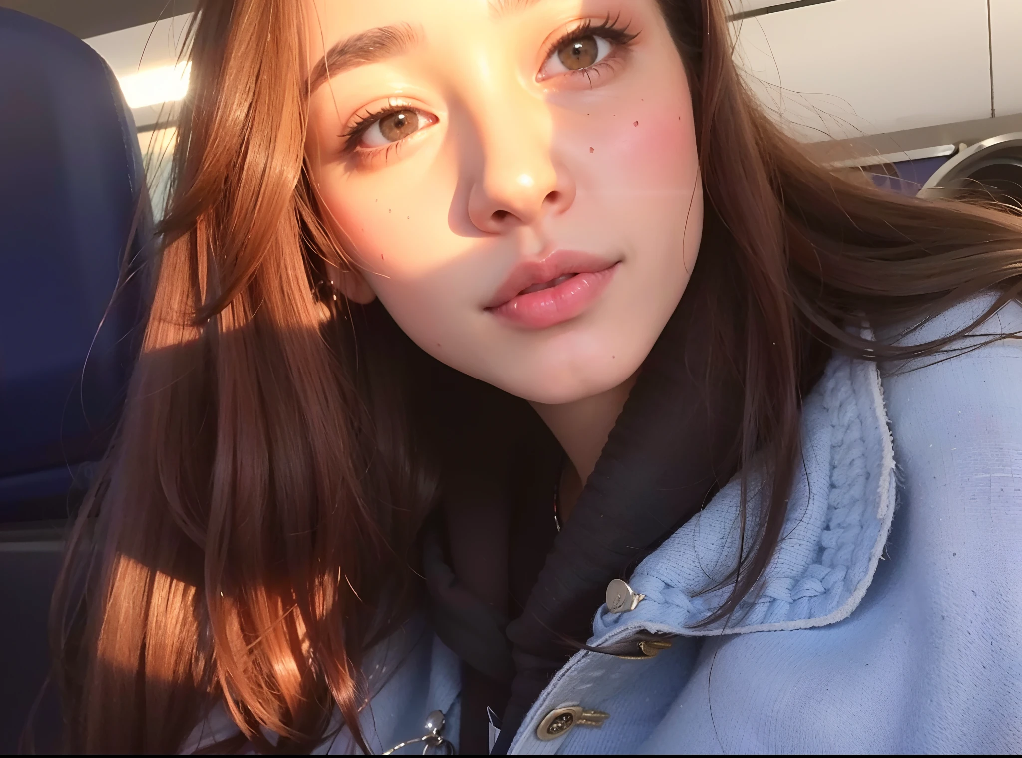 Mujer arafed con el pelo largo y una chaqueta vaquera en un tren, Charli Bowater, dilraba dilmurat, 18 years old, Foto de perfil de la foto de cabeza, Kailee Mandel, Cara perfectamente iluminada, Imagen de perfil, 1 6 years, 1 8 yo, 19 year old girl, imagen de muy muy muy baja calidad, foto de perfil