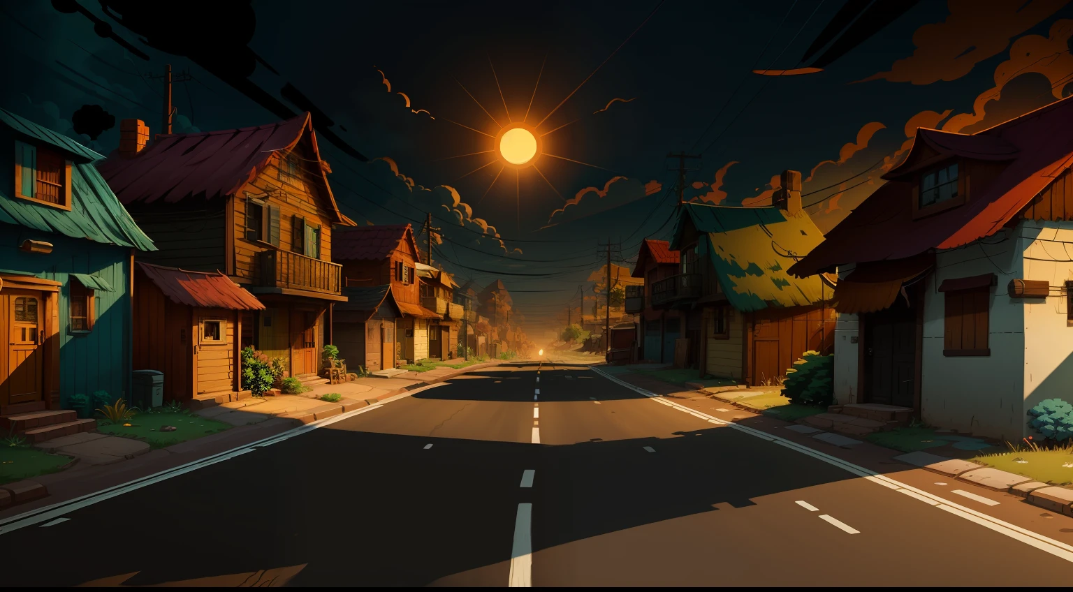 Give me a road cartoon background there are many house high noon lighting , morning time , colony