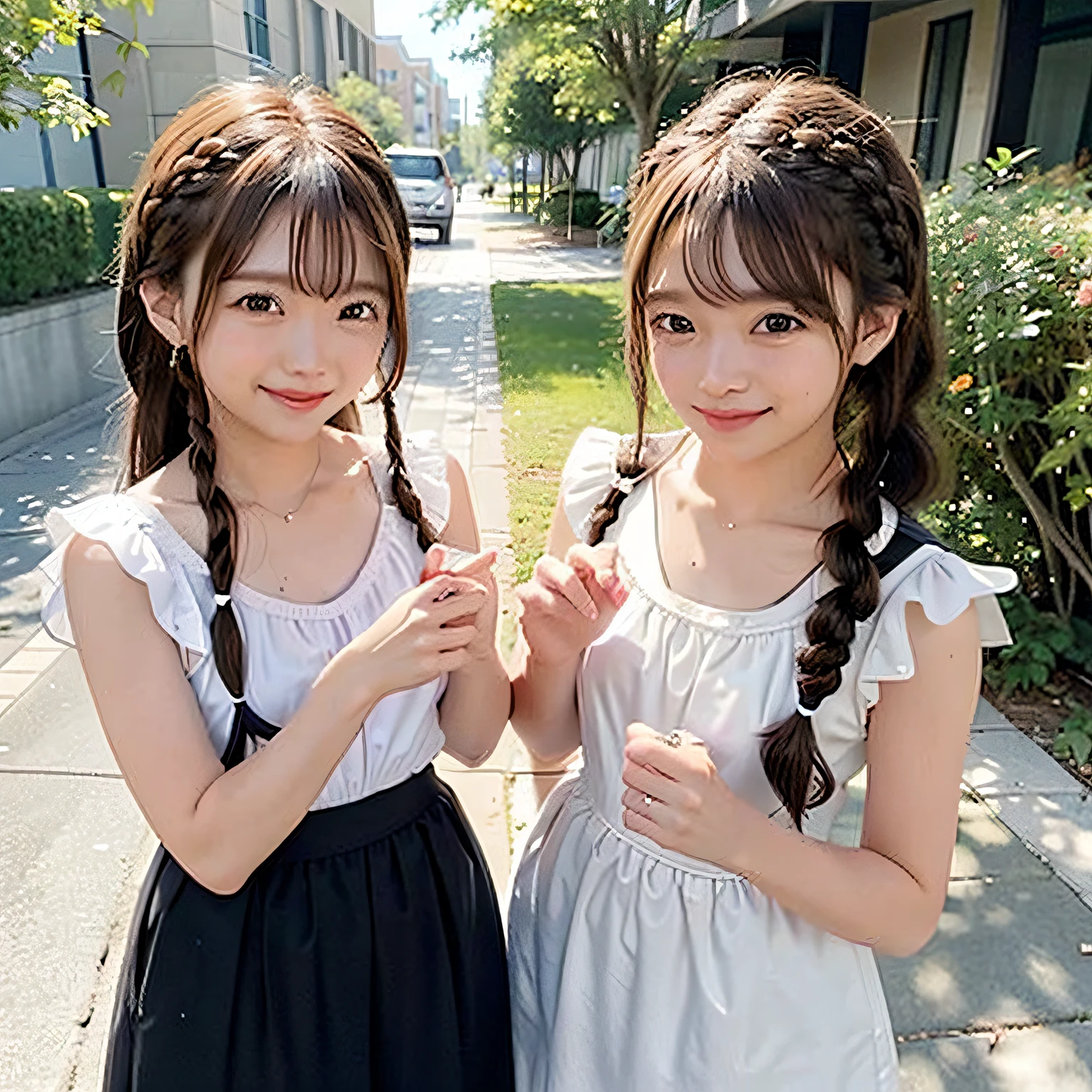 Braided twin-tailed hairstyles, great laughter、2 girls in、