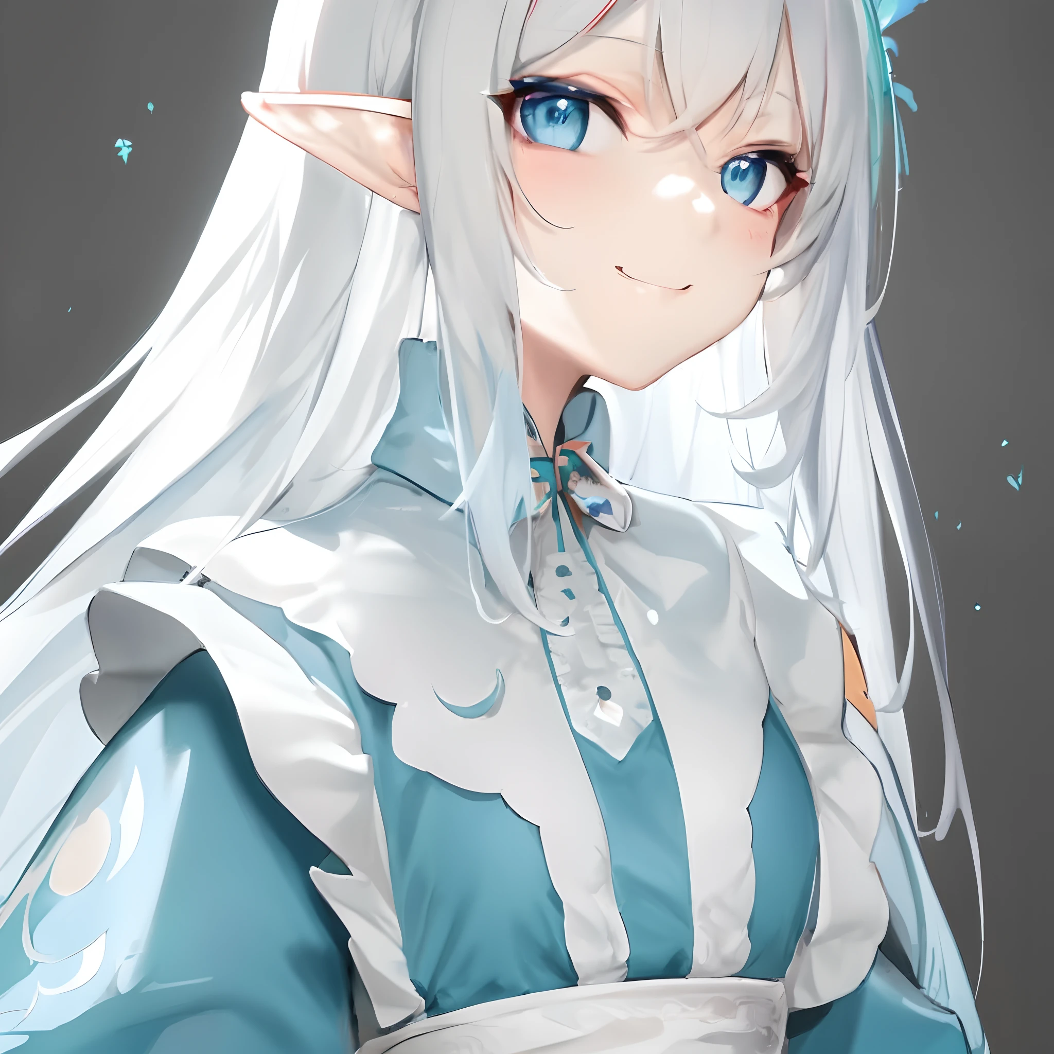 anime girl with long white hair and blue eyes wearing a blue dress, elf girl, detailed digital anime art, detailed anime character art, blue elf, clean detailed anime art, digital anime art, anime character art, beautiful anime portrait, cute anime waifu in a nice dress, beautiful character painting, elven character with smirk, digital anime illustration, white haired deity, shy smile, blushing