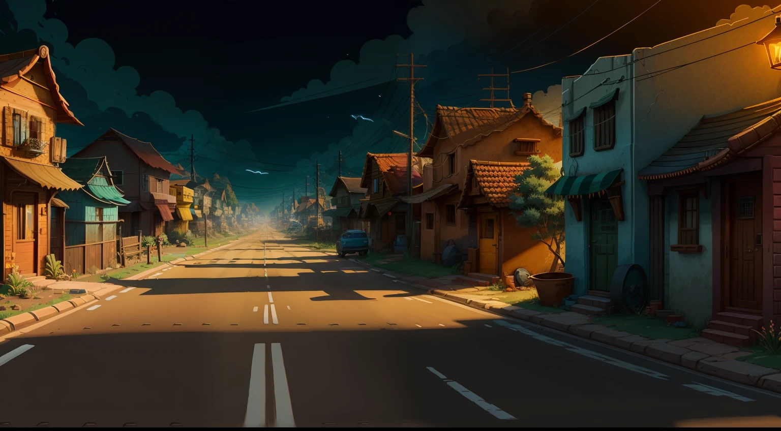 Give me a road cartoon background there are many house high noon lighting , morning time , colony