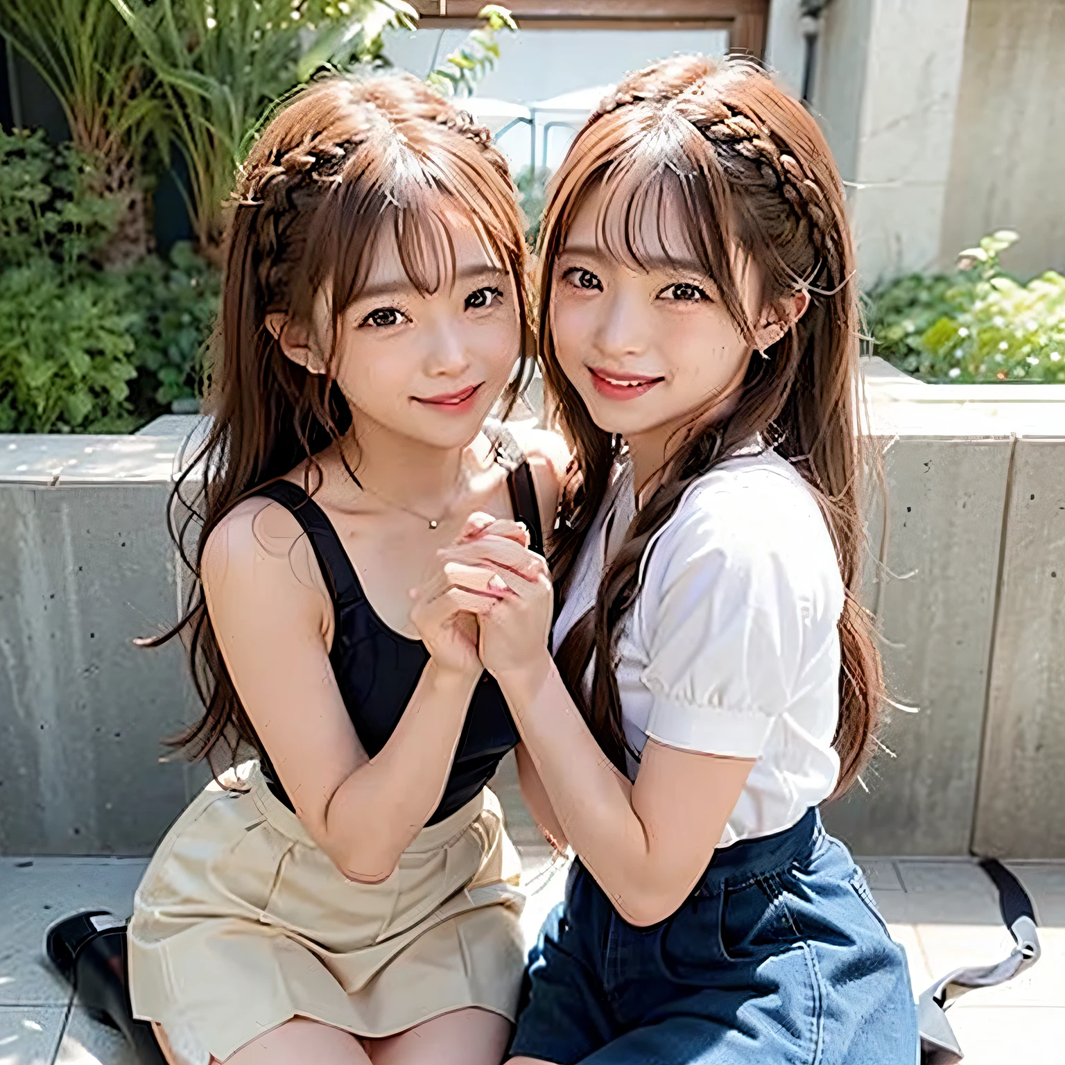 Braided twin-tailed hairstyles, great laughter、2 girls in、