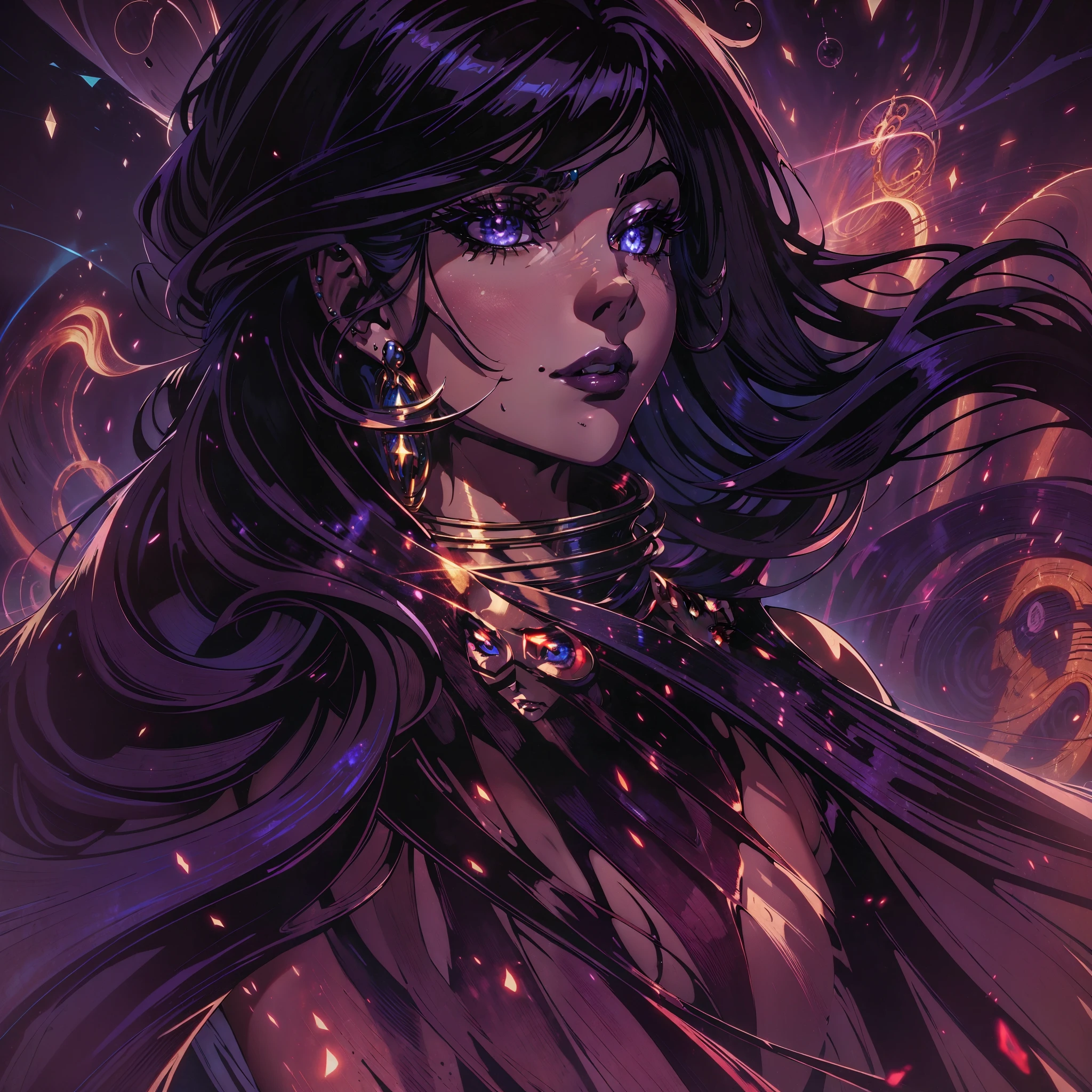 (1980s anime), [(seductive allure, captivating presence:1.3) ::6], (close-up:1.2), (masterwork:1.5), BREAK (sultry face:1.4), (1female, enchanting being:1.4), midnight black skin, piercing crimson eyes, flowing obsidian hair, alluring gaze, [flowing gown: dark wings:0.40], BREAK mystical realm, smoldering atmosphere, deep, passionate hues, bewitching glow, mysterious, entrancing