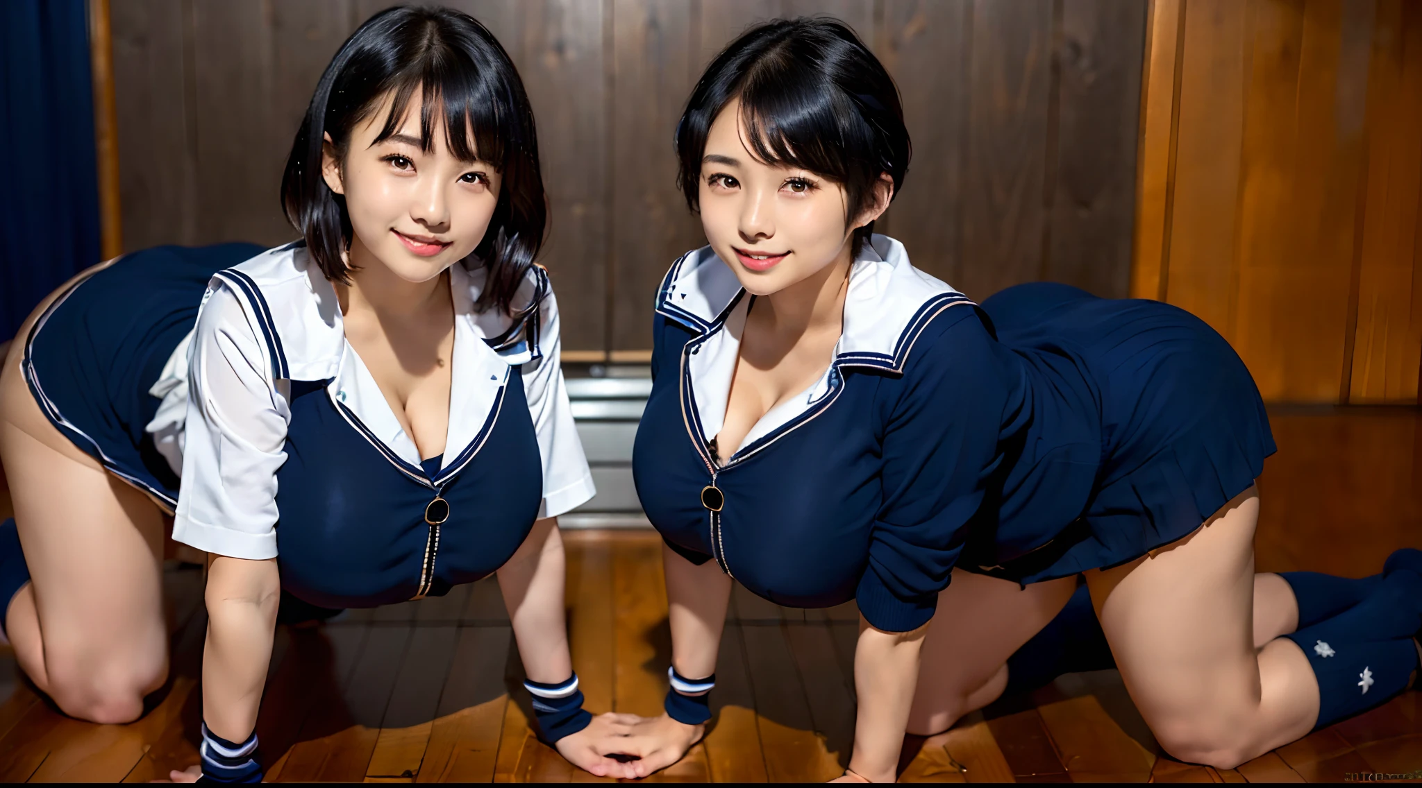 (in 8K, 超A high resolution, Best Quality, masutepiece:1.1),(18year old:1.1)、(Look away)、in 8K、RAW portrait of japanese girl、Photorealsitic、超A high resolution、top-quality、(Navy sailor suit、Navy Pleated Mini Skirt:1.3) (hi-school girl、quite massive chest、Beautiful butt、Toned buttocks、black hair short cut、all-fours:1.5)(Super Cute、Cute smile、Navy Mini Skirt Sailor Suit、Black socks、lowfers:1.2)((Beautiful coast)3 women、threesome、Backward view buckshot:1.3)