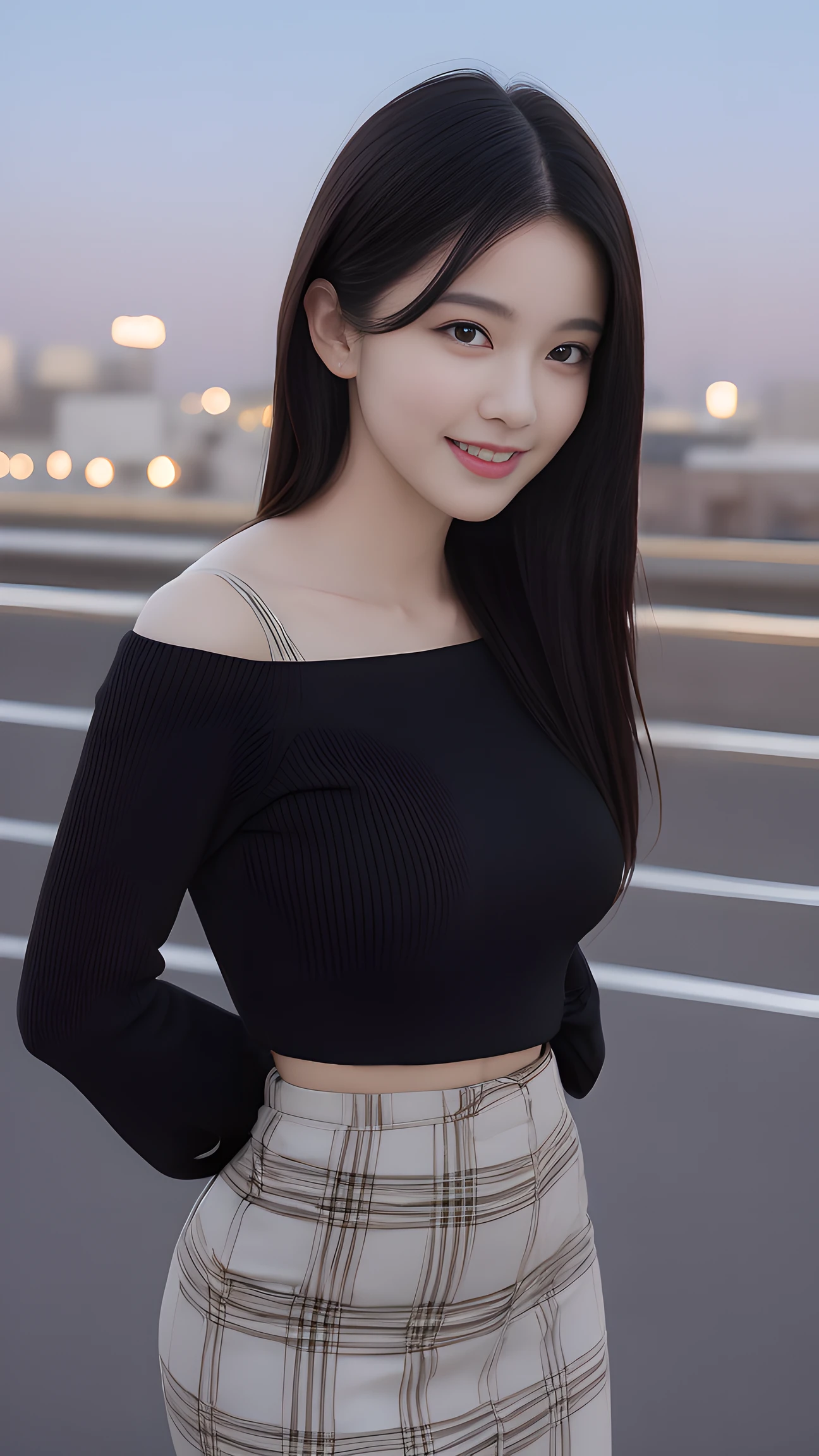 , long windblown [blue-black:.3] hair,looking at viewer, (masterpiece:1.3), (8k, photorealistic, RAW photo, best quality: 1.4), japanese, (1girl), beautiful face, (realistic face), (black hair, medium hair:1.3), beautiful hairstyle, realistic eyes, beautiful detailed eyes, (realistic skin), beautiful skin, attractive, ultra high res, ultra realistic, highly detailed, golden ratio, blue fluffy loose sweater and black plaid skirt, long sleeve one-shoulder sweater, standing, front view, open stance, model posing, upper body, sagging breasts, happy smile, night rooftop, city view, ultra detailed, hyper sharp, sharp focus, K-pop idol, J-pop idol,