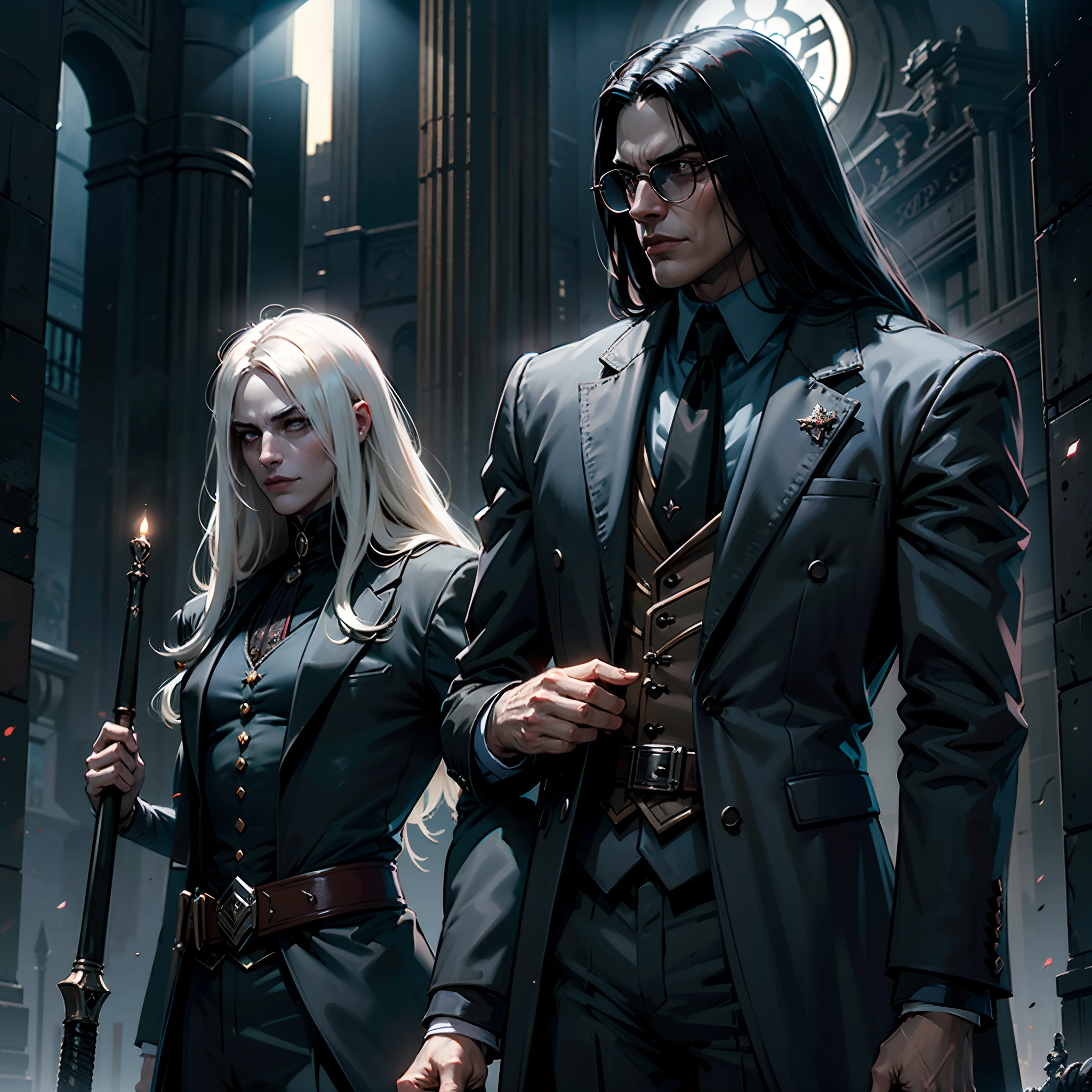 Alucard, The Charismatic Vampire from the Anime Series "Hellsing", He is an iconic figure with an impressive and ominous presence,His face has a pale complexion, Almost cadaverous, que contrasta fuertemente con su cabello oscuro y desordenado,Her crimson eyes, penetrantes y llenos de maldad, resaltan en su rostro,He always has a sardonic countenance and a mocking smile that gives him an air of defiance,las gafas de Alucard son un distintivo importante tiene unas gafas de sol negras, Classic style, que lleva incluso en lugares oscuros,These glasses become a symbol of his defiant and enigmatic attitude,su vestimenta es igualmente impresionante,usa un traje elegante de estilo victoriano que consta de un abrigo largo y rojo oscuro con detalles en negro, destacando su figura imponente,Debajo del abrigo, lleva una camisa blanca y una corbata negra bien ajustada. Complementa su atuendo con guantes negros y botas altas de estilo militar,Alucard is always accompanied by his weapons, He has a pair of gloves with sharp metal tips that he uses for hand-to-hand fighting, in addition to carrying two powerful semi-automatic pistols called "Casull" y "chacal". These weapons are designed to take out your enemies with efficiency and style,su entorno suele ser oscuro y siniestro, representing their vampiric nature. Alucard se desenvuelve en lugares oscuros, Gloomy and full of mystery, como castillos abandonados o la noche en una ciudad,The atmosphere that surrounds it adds to its intimidating and sinister aura, Alucard es un vampiro que emana poder y misterio, con un estilo distintivo y armas letales, y se mueve en un entorno oscuro que refleja su naturaleza sobrenatural,