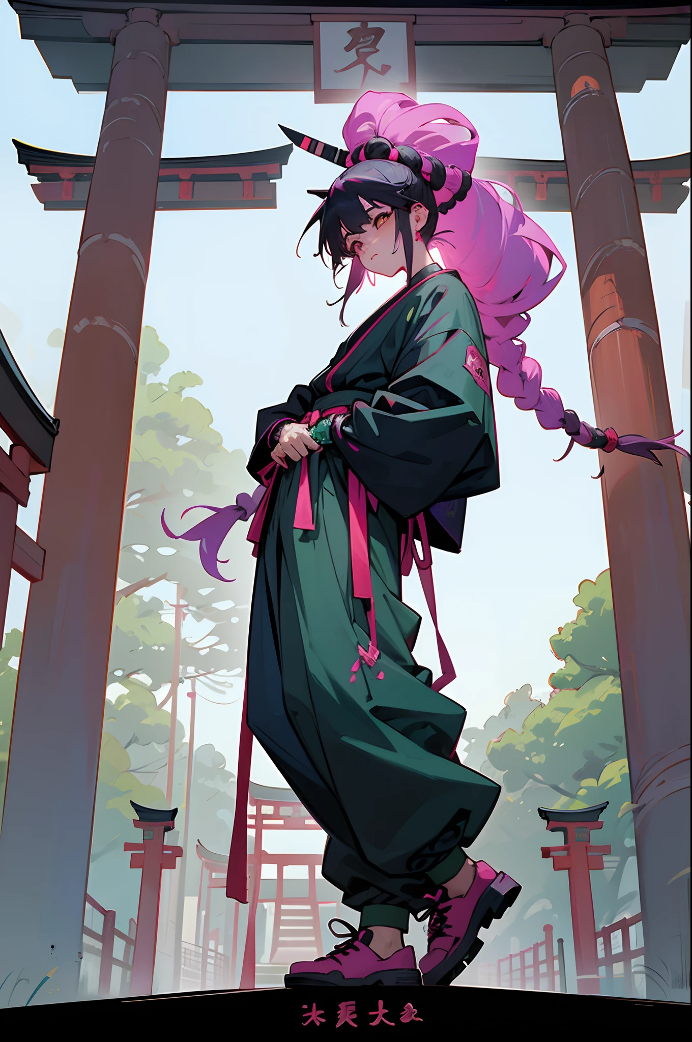 80s neon vibnrant synthwave anime closeup fullframe fullbody solo 1male black asian japanese geshia xxxtentacion juice wrld inspired hairstyle dreadlocks crazy wild environment details gangsta gang baggy sagging trap sumpreme streetwear torii, symbolic gateway marking the entrance to the sacred precincts of a Shintō shrine