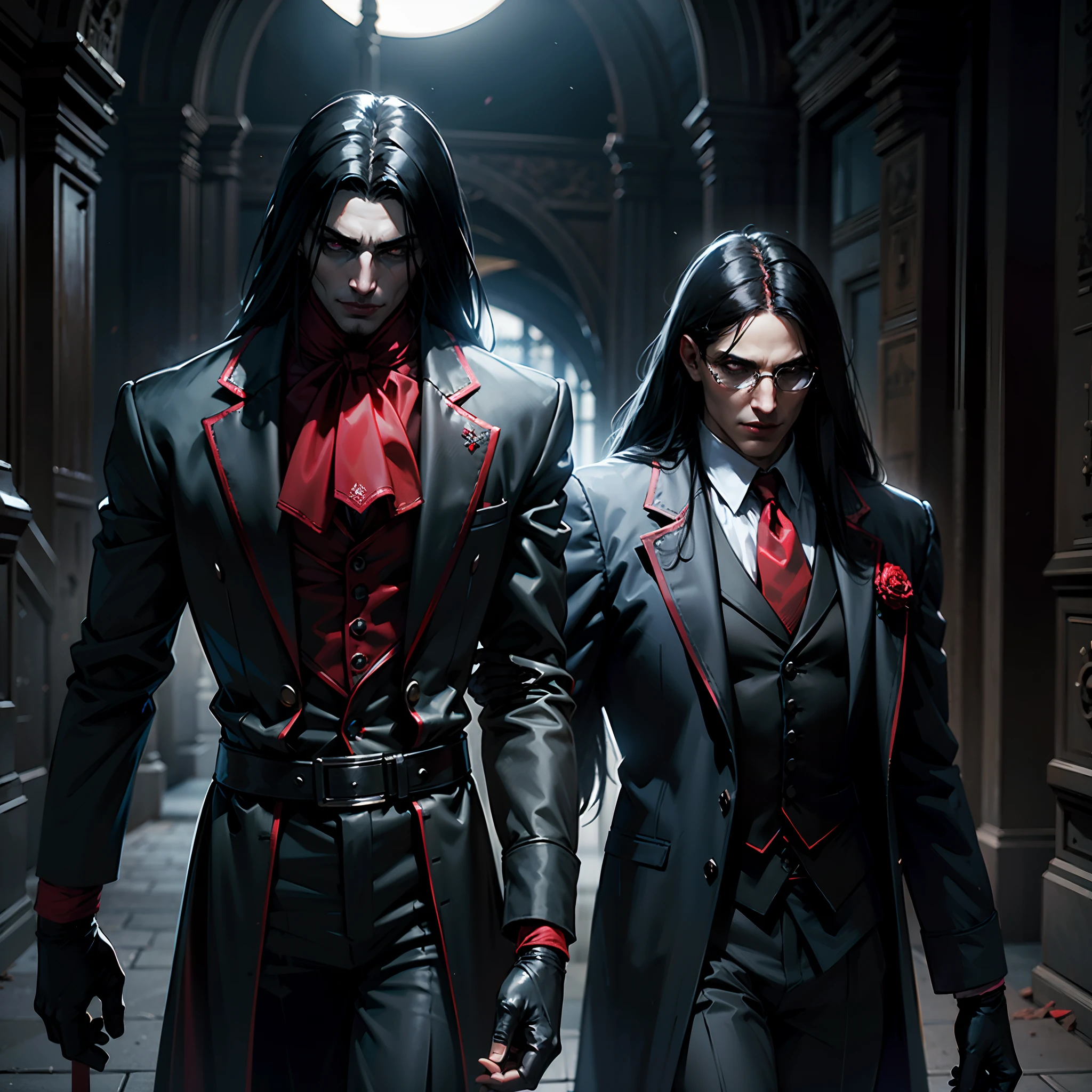Alucard, The Charismatic Vampire from the Anime Series "Hellsing", He is an iconic figure with an impressive and ominous presence,His face has a pale complexion, Almost cadaverous, que contrasta fuertemente con su cabello oscuro y desordenado,Her crimson eyes, penetrantes y llenos de maldad, resaltan en su rostro,He always has a sardonic countenance and a mocking smile that gives him an air of defiance,las gafas de Alucard son un distintivo importante tiene unas gafas de sol negras, Classic style, que lleva incluso en lugares oscuros,These glasses become a symbol of his defiant and enigmatic attitude,su vestimenta es igualmente impresionante,usa un traje elegante de estilo victoriano que consta de un abrigo largo y rojo oscuro con detalles en negro, destacando su figura imponente,Debajo del abrigo, lleva una camisa blanca y una corbata negra bien ajustada. Complementa su atuendo con guantes negros y botas altas de estilo militar,Alucard is always accompanied by his weapons, He has a pair of gloves with sharp metal tips that he uses for hand-to-hand fighting, in addition to carrying two powerful semi-automatic pistols called "Casull" y "chacal". These weapons are designed to take out your enemies with efficiency and style,su entorno suele ser oscuro y siniestro, representing their vampiric nature. Alucard se desenvuelve en lugares oscuros, Gloomy and full of mystery, como castillos abandonados o la noche en una ciudad,The atmosphere that surrounds it adds to its intimidating and sinister aura, Alucard es un vampiro que emana poder y misterio, con un estilo distintivo y armas letales, y se mueve en un entorno oscuro que refleja su naturaleza sobrenatural,