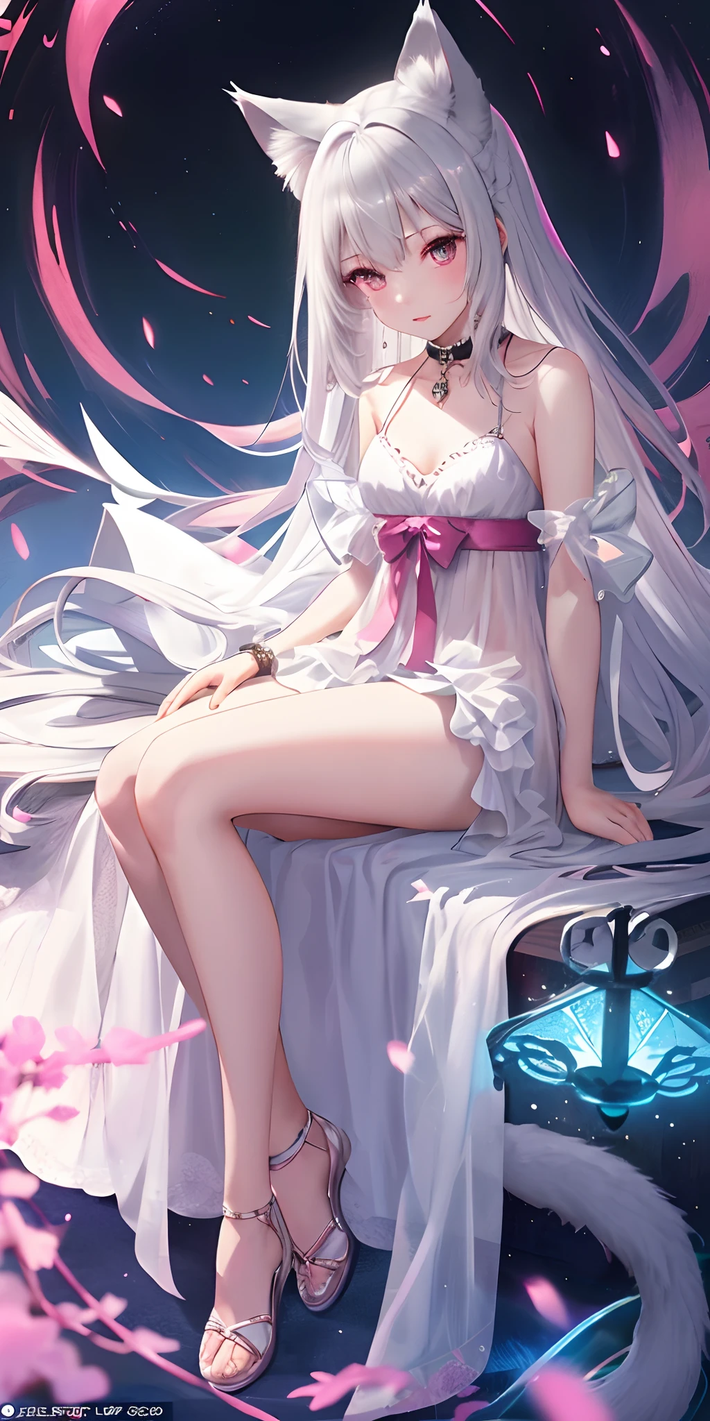 Best Quality, One Girl, Warm Lighting, Silver Hair on the Top of the Head and Pink at the Tips, Cute, Anime, Sheer White Skin, Asian Girl, Full Body, Sensual, Gentle Eyes, Cat Ears, Animation, Fantasy, Seductive, Shy Face, , Frightened, White Dress, Collar, Tail, Wizard, Fantastic, Portrait, See-Through