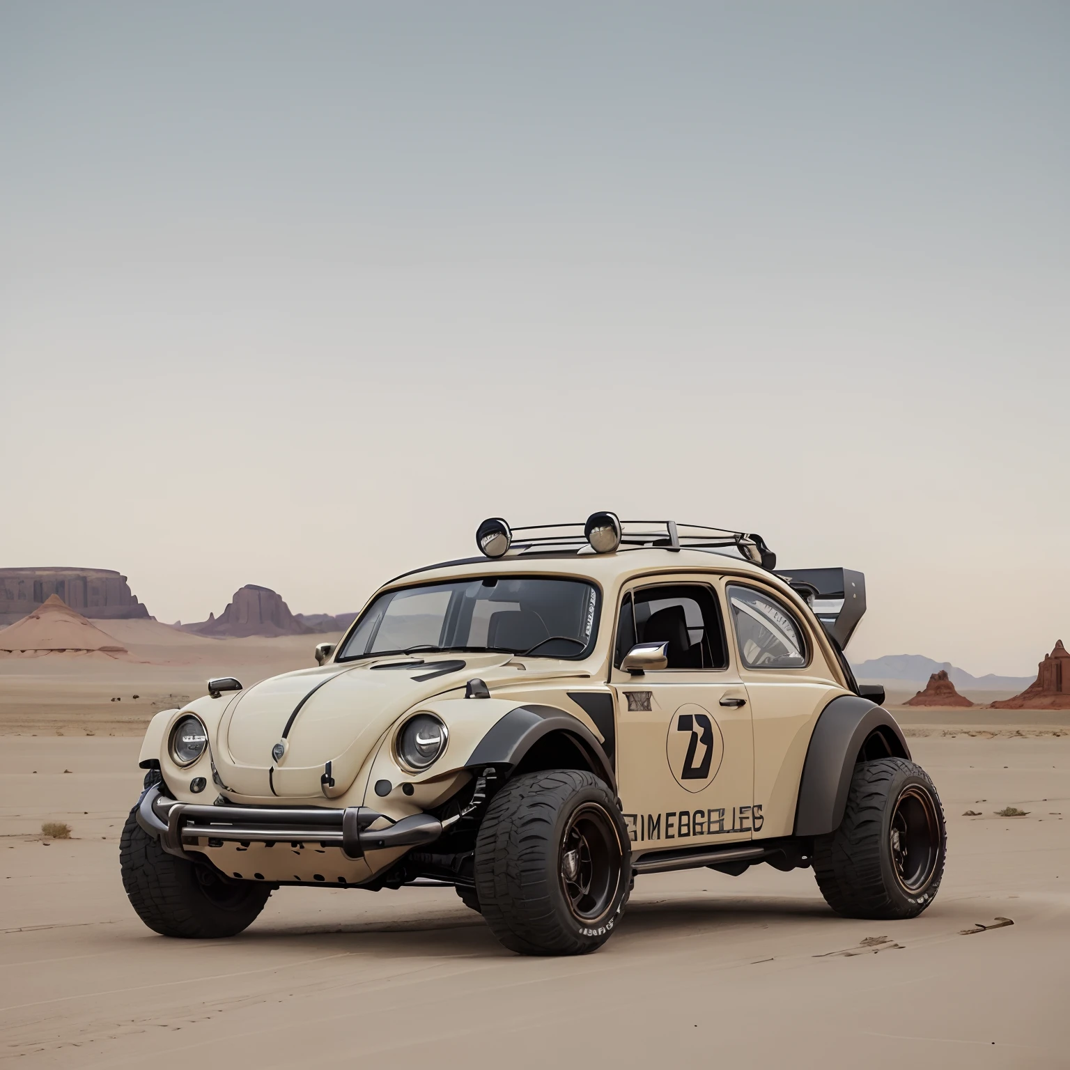 ((zeekars)), Volkswagen beetle with wide tires in the desert.