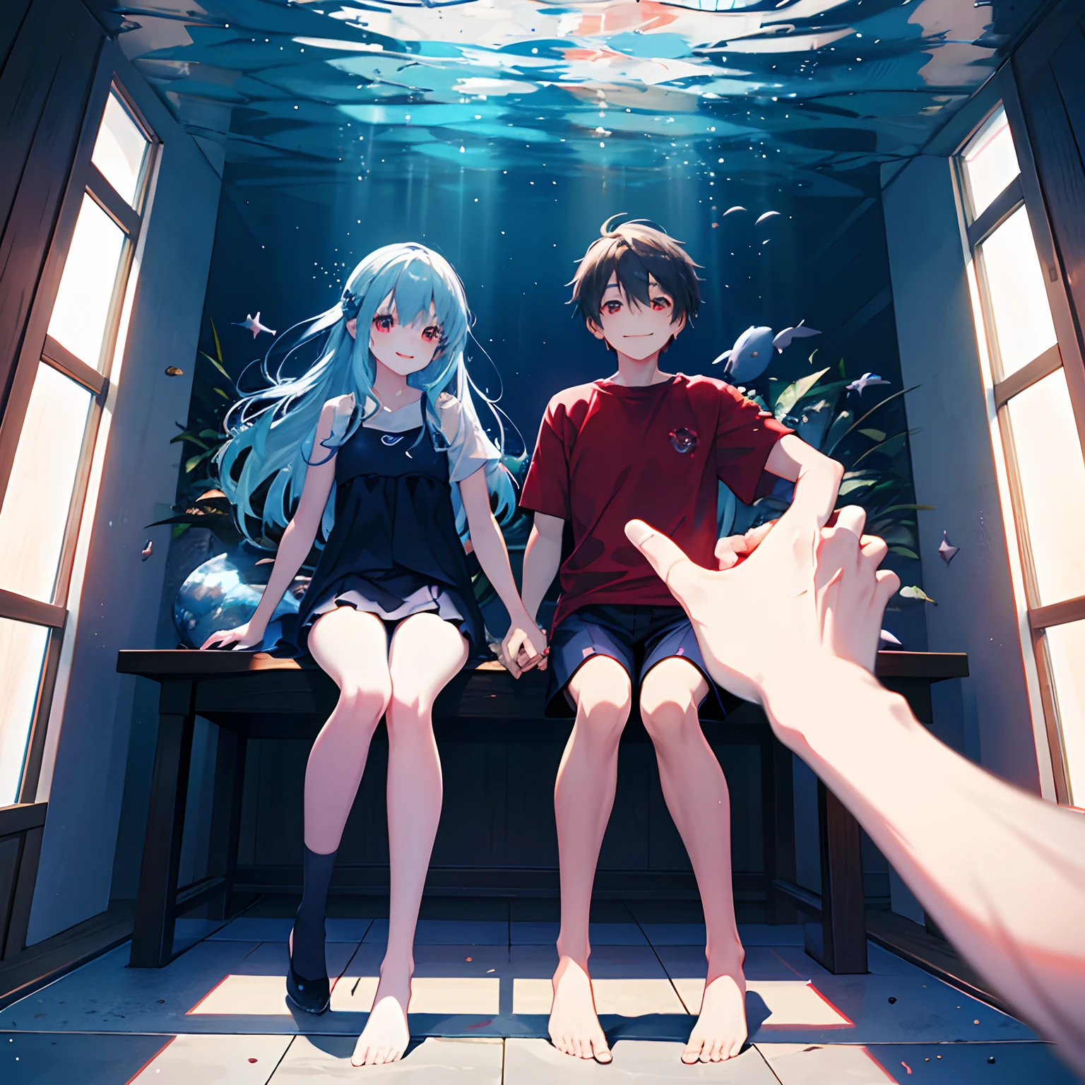 Deep sea fish blue in water、Girl and boy swimming in red smiling as sunlight shines in hand