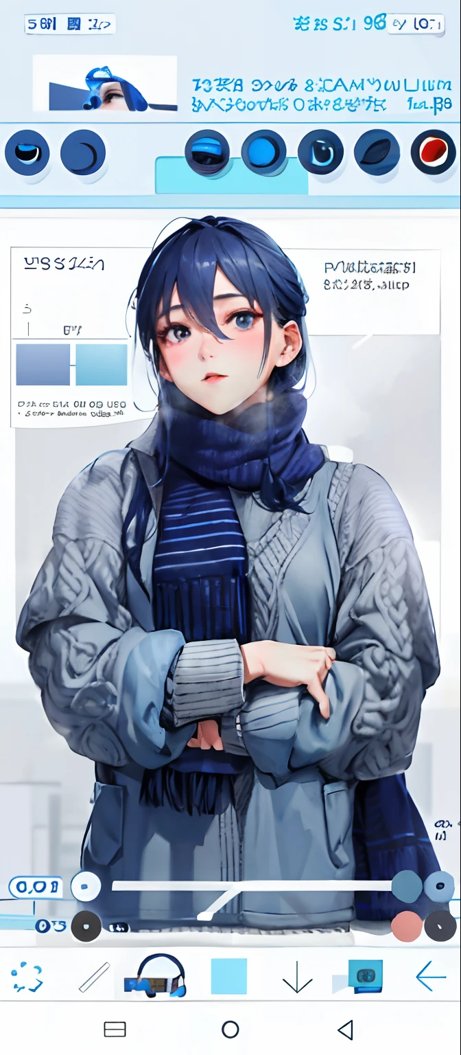 a close up of a person wearing a scarf and a sweater, inspired by Kim Jeong-hui, inspired by Sim Sa-jeong, from 8 k matte, kpop style colors, realistic color, blue and gray colors, soft cool colors, blue colored, blue color, light blue skin, color picture, blue gray, inspired by Nil Gleyen