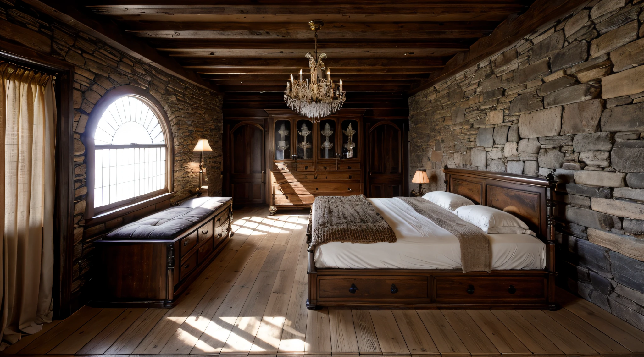 luxurious bedroom interior, luxury interior style, design tends to be high_class, calming and natural atmosphere, ((rough-hewn wood)), handmade textiles,natural fabrics, tab, lamp, rug, wood floor, drapes,glass window, door, (rough-hewn ceiling), (rough-hewn wall), wardrobe, rough-hewn wood cabinet, picture frames, antique furniture and decor items, day, (sunlight)