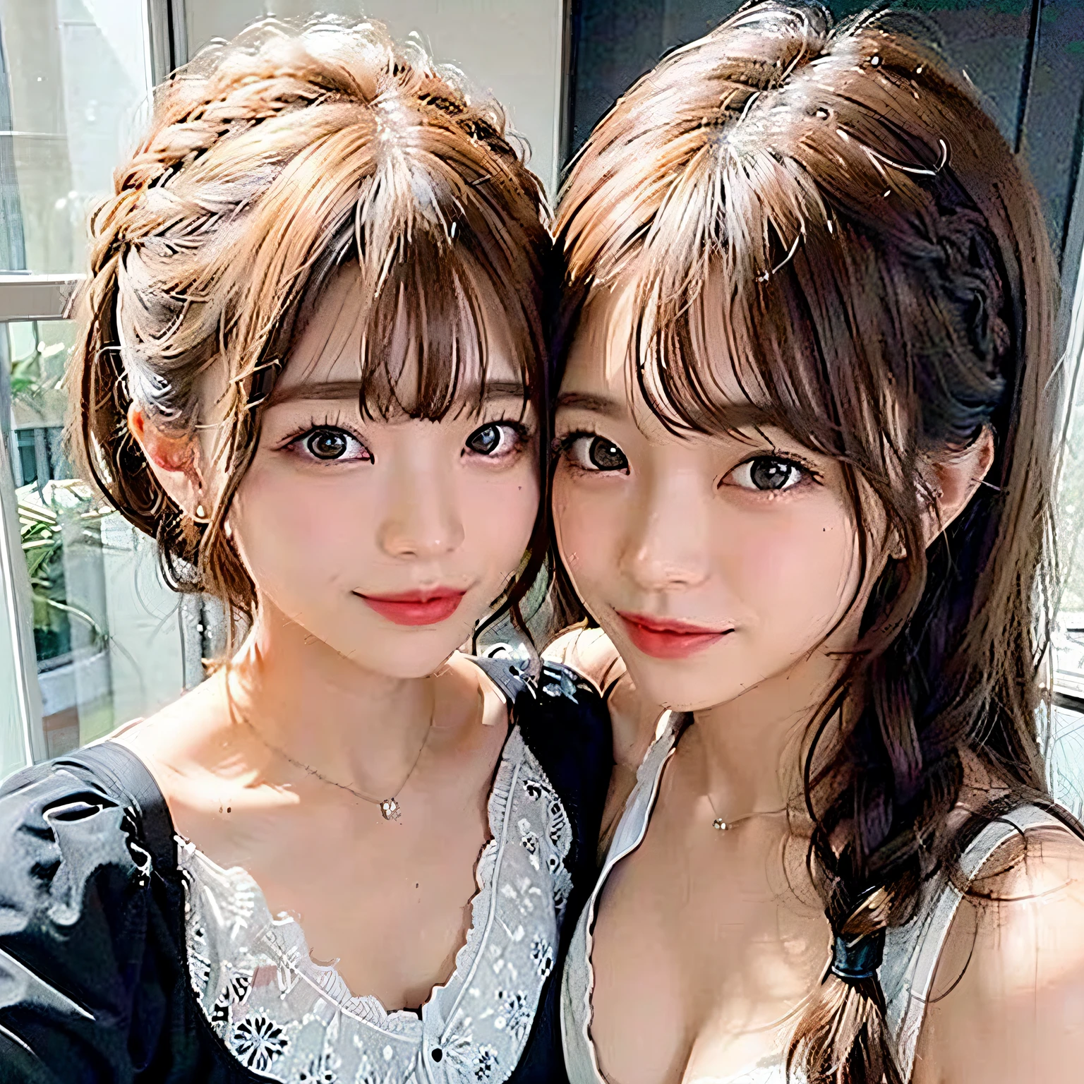 Braided twin-tailed hairstyles, 2 girls in、
