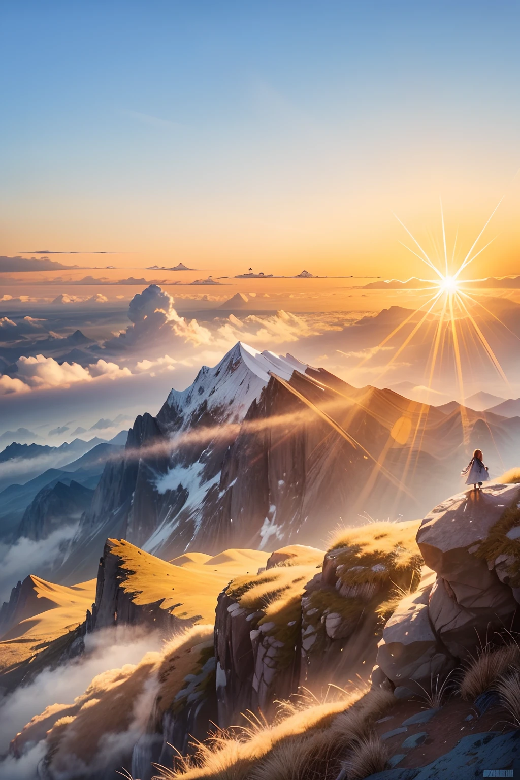 A view of the top of the mountain at sunset, where there are shoots from other mountains that are also visible, there is a cloud mist lower than the top of the mountain, the rays of sunlight from the end of the horizon look very beautiful golden, the color gradation between the blue sky and the golden sun is very beautiful to look at, BREAK, (there is a girl with a backpack looking towards the sun, He looks smaller standing on the top of his own mountain, his hair fluttering in the wind)