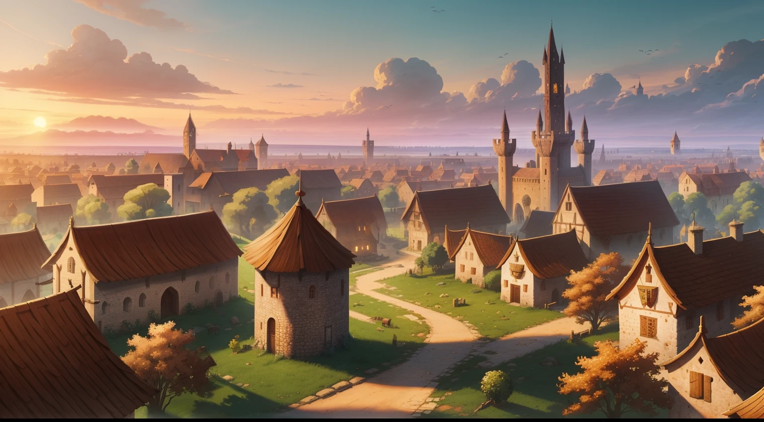 Give me a medieval town background theare many tall houses , morning time , colony