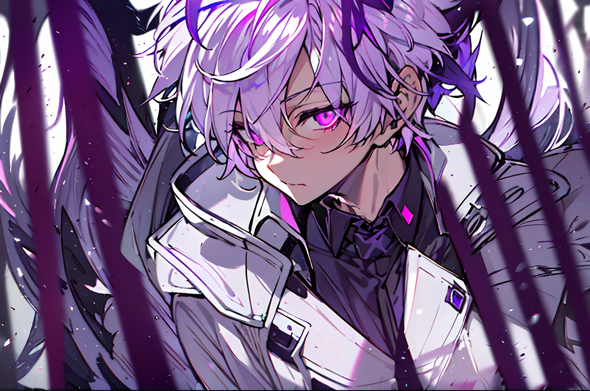 sullenness,hight resolution,close range、((One Person)),Anime boy with white hair and purple eyes,(((white hair))) Glowing purple eyes,slim, dressed in a black outfit,Shadow Body,de pele branca,monochromes,hair messy,Sharp eyes、Diagonal angle,profile(((Black coat)))