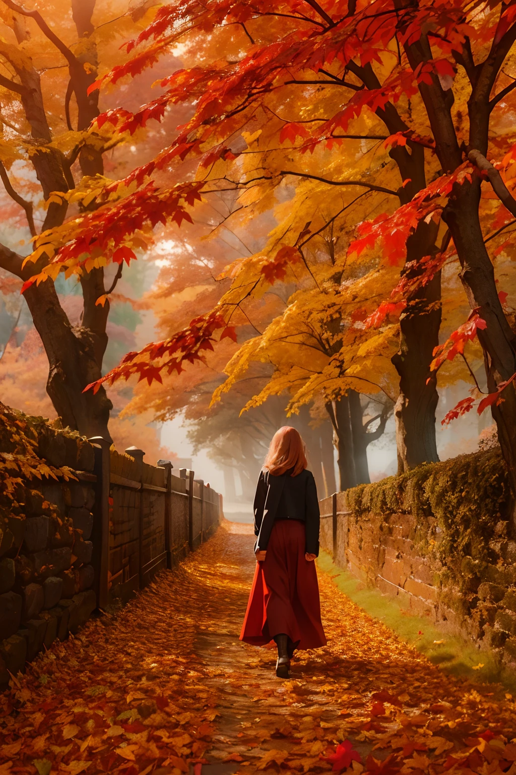Create captivating autumn depictions, Flaming red maple,eventide,A beautiful woman walks on a path covered with maple leaves,Perfectly clear facial features,Scenic beauty,A place where nature lives in harmony,Let this artwork transport the viewer to another world,cinematic Film still from,high-definition photograph