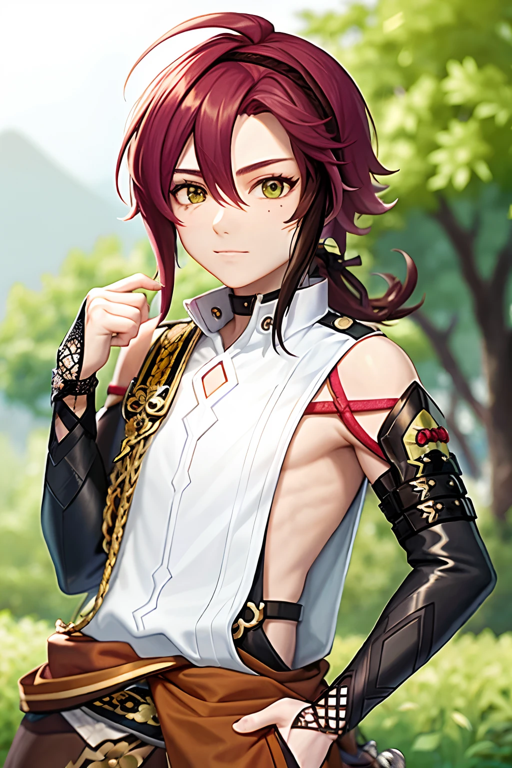 masterpiece, best quality,Shikanoin Heizou (genshin impact), 1boy, male focus, kurokote, green eyes, kote, multicolored hair, mole under eye, red hair, solo, mole, black choker, japanese armor, looking at viewer, choker, armor, streaked hair, aiguillette, sleeveless, ahoge, long hair, low ponytail,(kbxll:0.6)