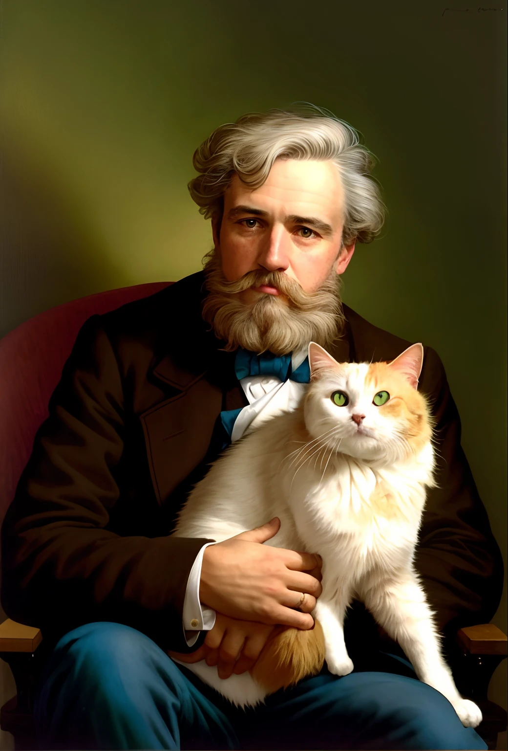 arafed man with a beard and a cat sitting in a chair, human cat hybrid, inspired by Samuel F. B. Morse, with small cat on lap, ernst haeckel and artgerm, portrait of garfield, by Emma Andijewska, inspired by Peter Rockwell, by Alvan Fisher, robert richardson, inspired by Isidore Bonheur