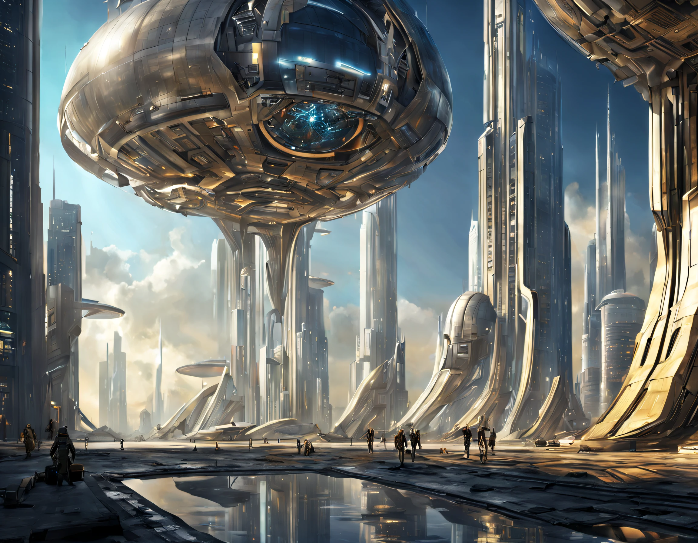 On an unknown planet there is a futuristic city with immense buildings of technological design que forman una infinita avenida, con estructuras acristaladas en plata, oro y bronce espectaculares en la que sobrevive un robot femenino espectacular. con colores vivos. pavimento ensolado. gente paseando. cierto aire a coruscant. imagen bien definida.