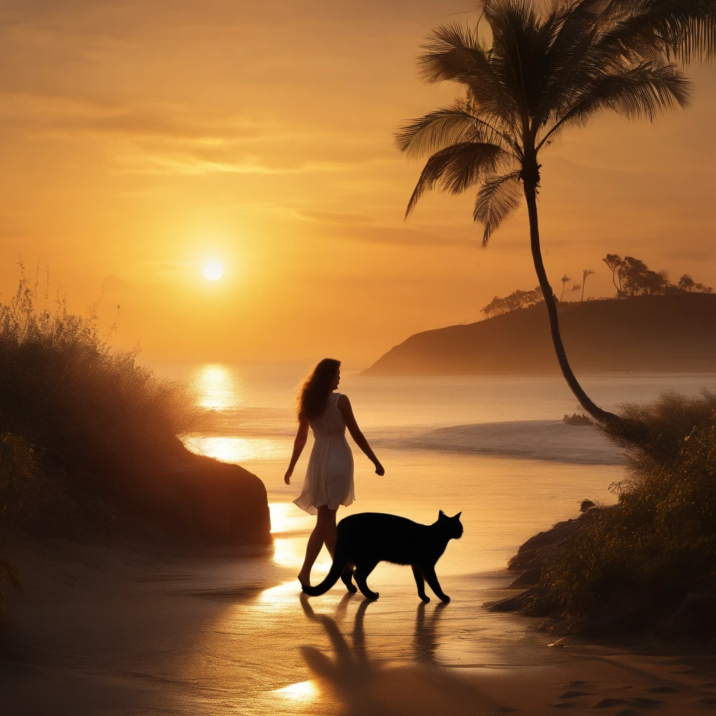 the setting sun、Walk along the coast、Cat and girl、silhuette、Photorealsitic、8kAnd then、top-quality、detail portrayal、the golden ratio、