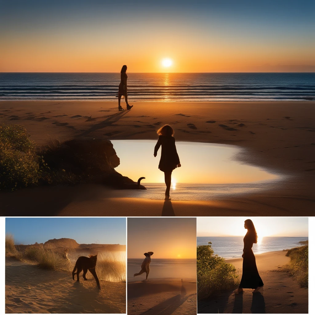 the setting sun、Walk along the coast、Cat and girl、silhuette、Photorealsitic、8ｋAnd then、top-quality、detail portrayal、the golden ratio、
