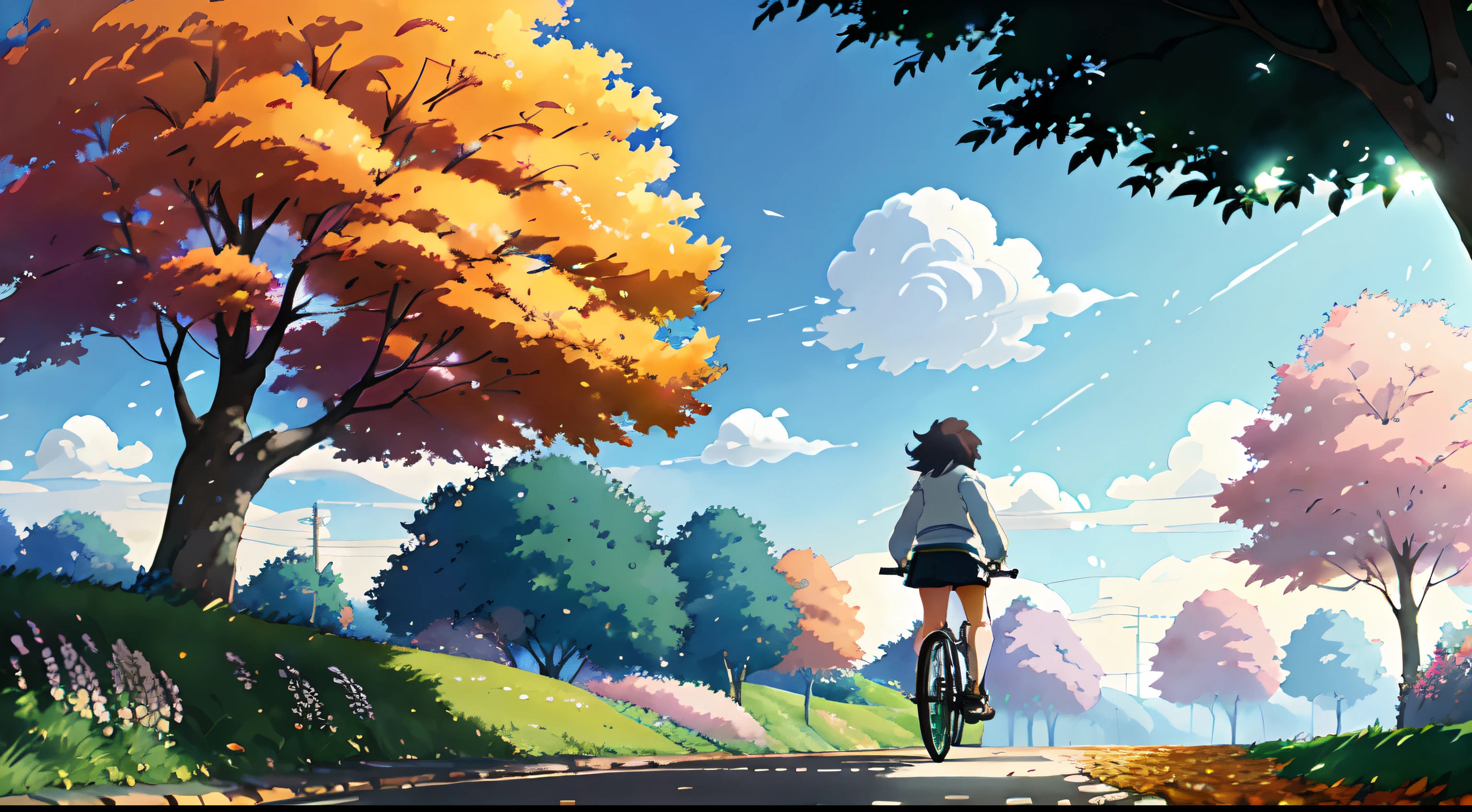 (cycliste seul: 1.5), (Realistic bike: 1.5), (realistic cyclist: 1.5), Plan en gros plan, Le meilleur des meilleurs, automne, Orange leaves, couleurs de l'automne, Feuilles qui tombent, Landscaped background, ombres, contraste, Makoto Shinkai (beste-Qualit:1.3), (high resolucion:1) Art par Studio Ghibli Style, impressionnisme, couleurs vibrantes