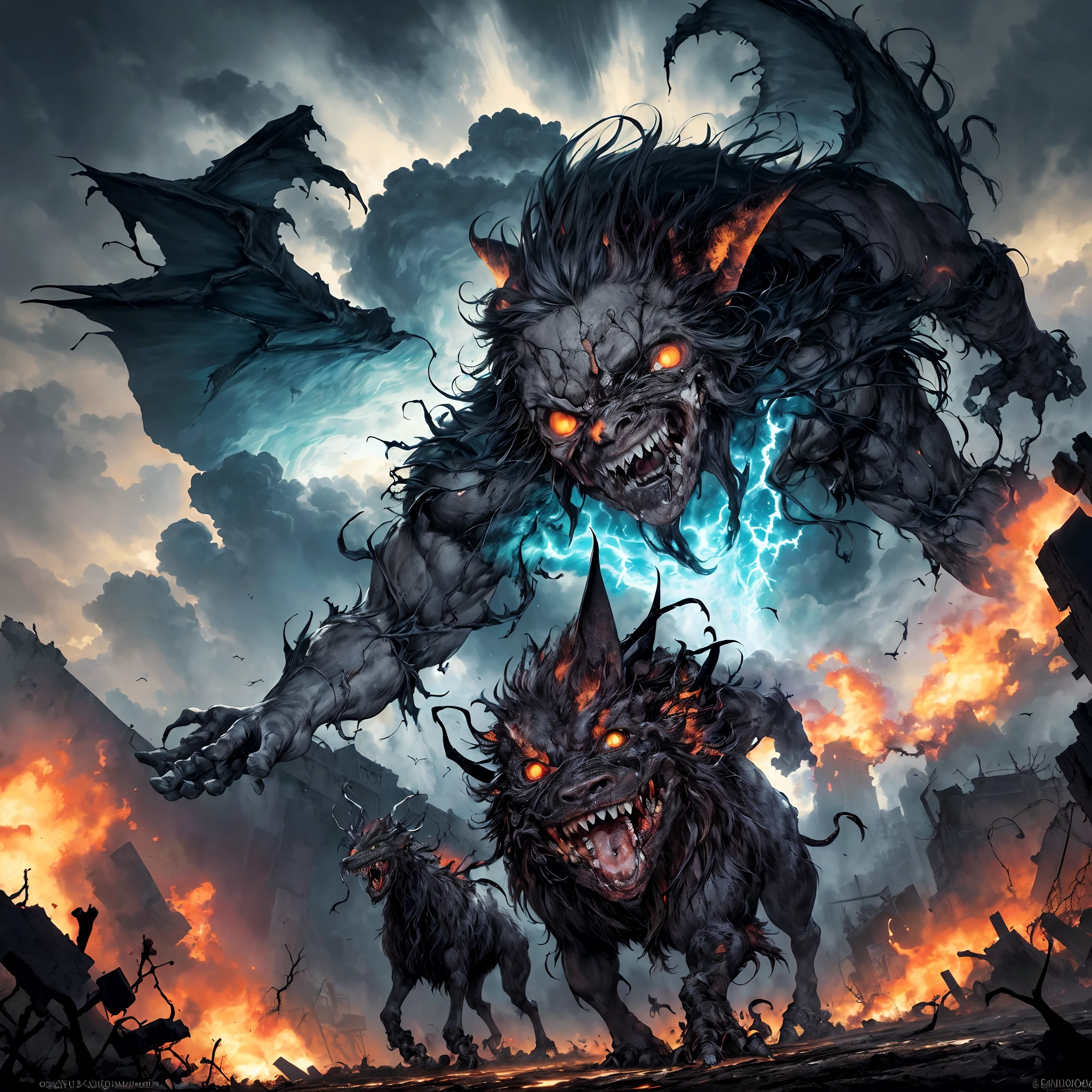 (La mejor calidad,Altas Resoluciones,Obra maestra:1.2),(Ultra detallado,realista:1.37),Ojos de demonio detallados,Alas de demonio detalladas,Cara de demonio detallada y aterradora,ominoso cielo oscuro,Sinister stormy backdrop,Gente aterrorizada en el suelo,Apocalyptic End of Days,Edificios en ruinas en el caos,Paisaje urbano devastado,escombros en llamas cayendo del cielo,Grietas en el suelo,desolated wasteland,Powerful Lightning Strikes,Fuego y humo por todas partes,gritos y llantos desesperados,desesperanza y miedo en sus ojos,ominous atmosphere,Horror and despair,Personas que buscan refugio,Destruction and devastation,ominosas nubes oscuras,Sorprendente contraste de luz y oscuridad,Demonic presence,rayos de luz que atraviesan las nubes,Despair and panic,trueno retumbante,sonido ensordecedor del caos,vivid colors,Shadowy Figures Fleeing,Throbbing tension,Paisaje infernal de pesadilla,desatando el infierno sobre la tierra,dramatic composition,capturando el terror y el caos.