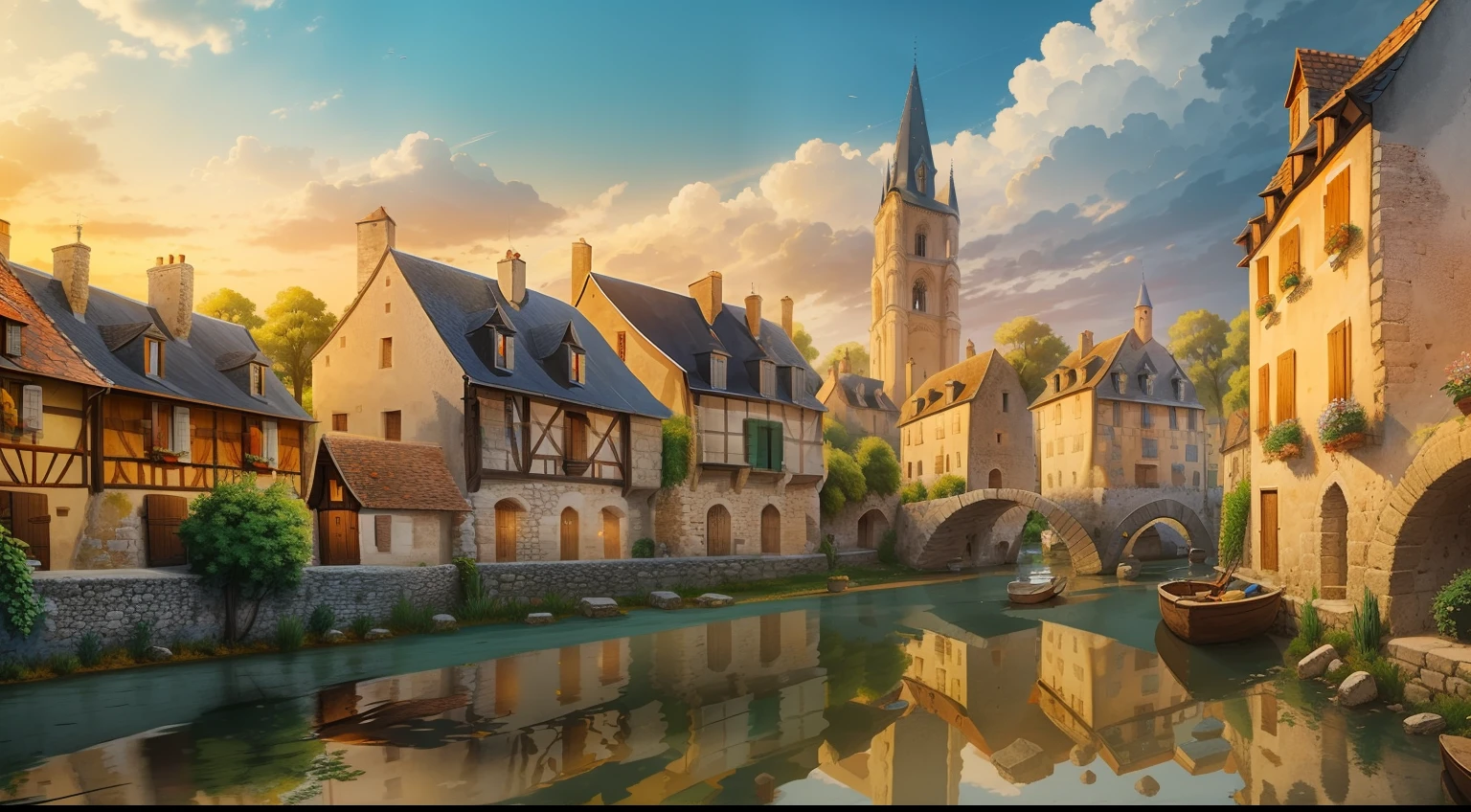 Give me a french medieval town background theare many stone tall houses , morning time , colony