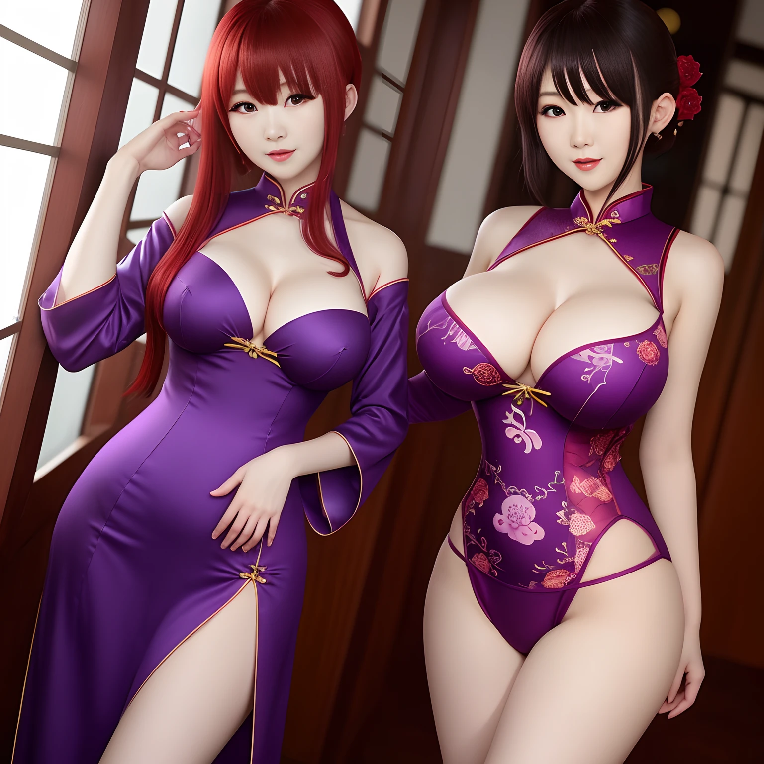 Beautuful Women,Red-purple cheongsam,woman,choppy,anime big breast,Body proportions,full bodyesbian,nabel,